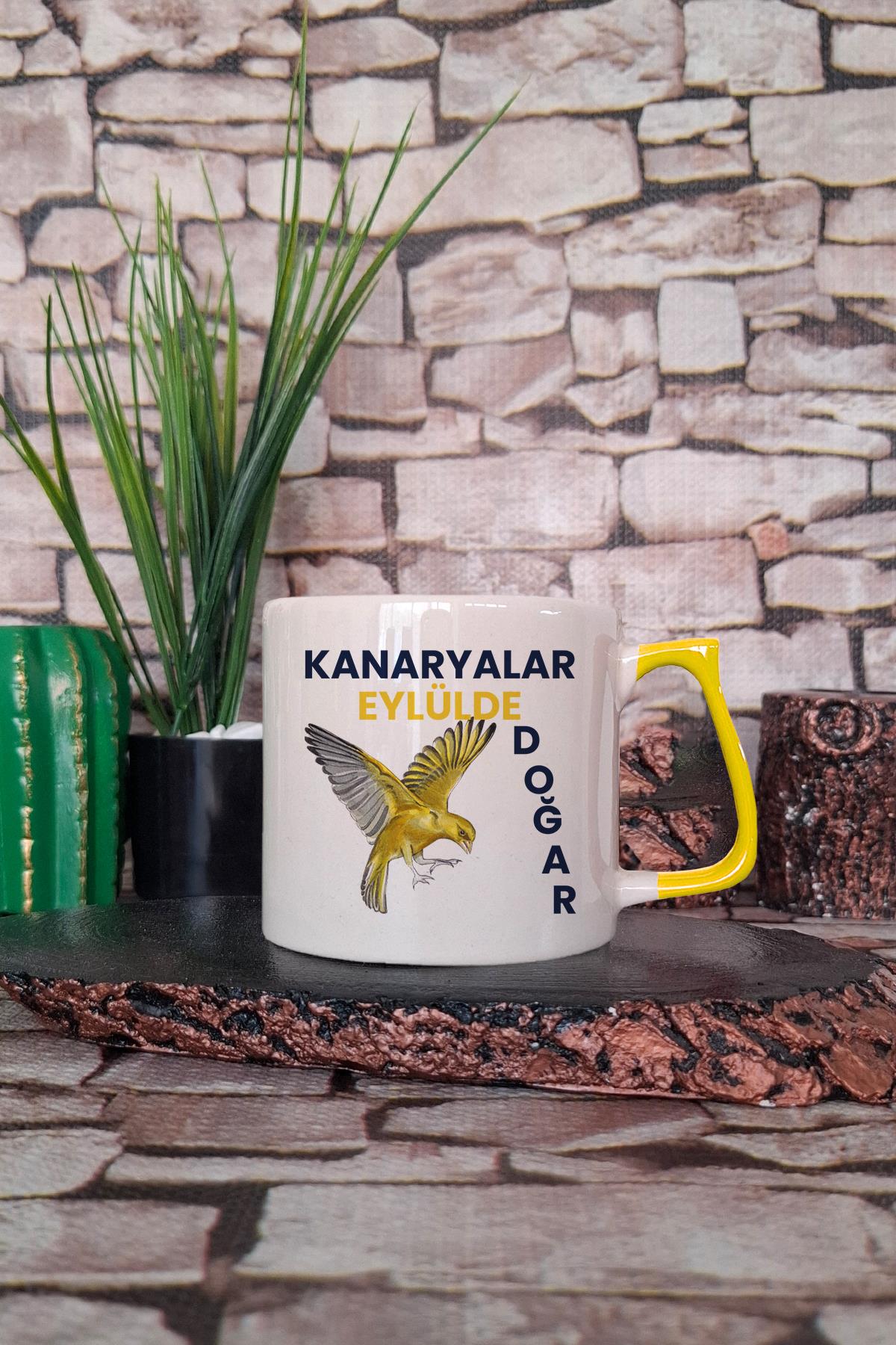 Kanaryalar Eylülde Doğar Baskılı Doğum Günü, Eş, Sevgili Hediyelik Renkli Kulplu Fincan-Kupa Bardak