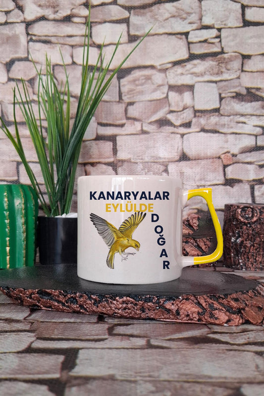 Kanaryalar Eylülde Doğar Baskılı Doğum Günü, Eş, Sevgili Hediyelik Renkli Kulplu Fincan-Kupa Bardak
