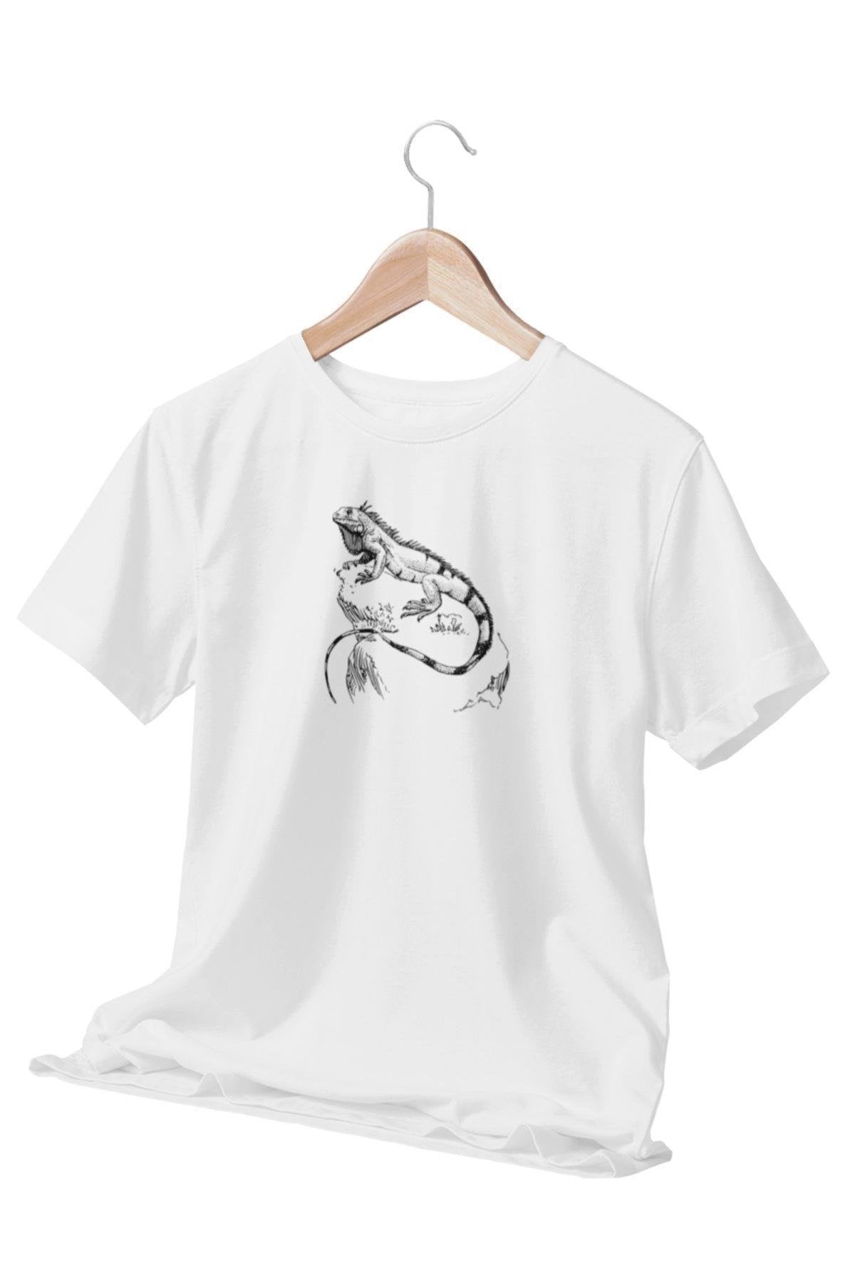 Karakalem İguana Çizim Temalı Beyaz T-Shirt