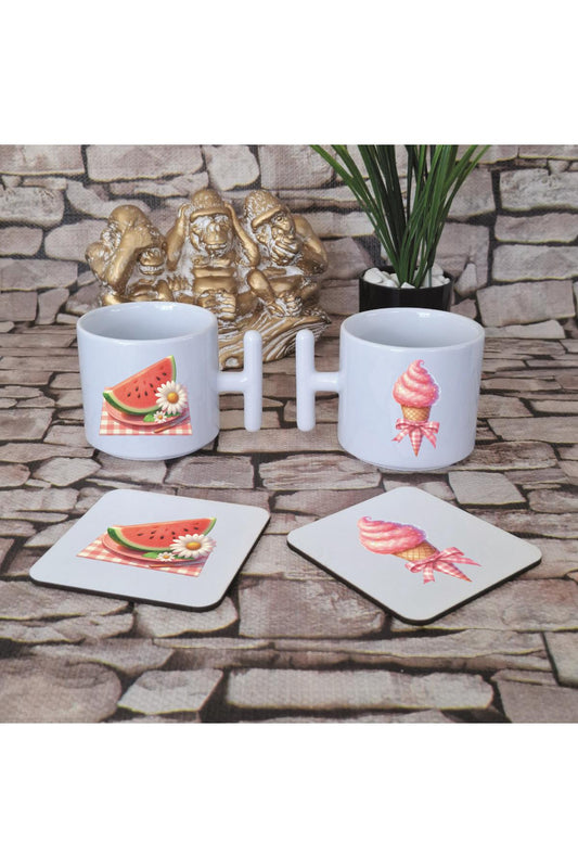 Karpuz ve Dondurma Baskılı 4'lü Set Ahşap Bardak Altlığı ve Latte Fincanı T Kulplu Kupa Bardak