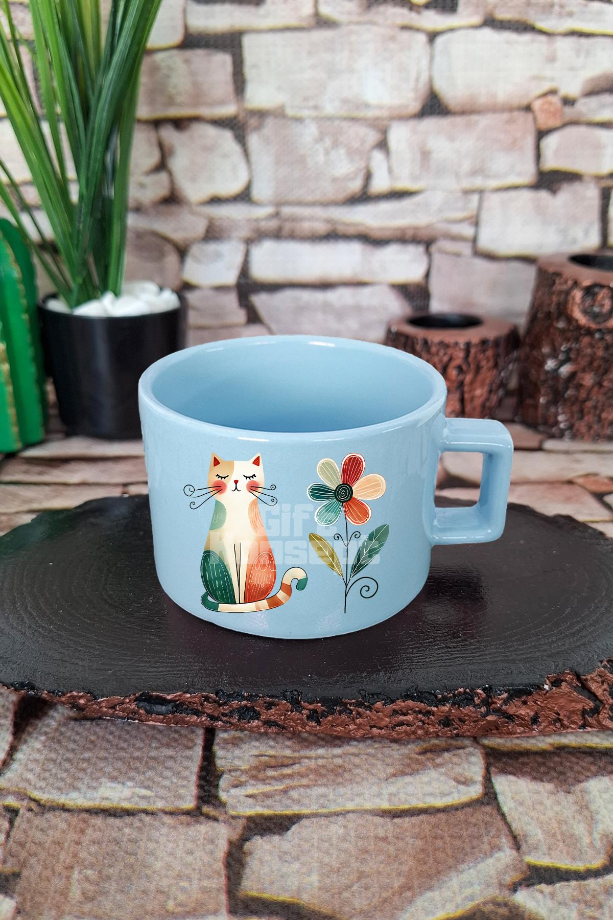 Kedi Komik Desenli Esprili Kedisever Kedi Sahibi Çizimi Kare Kulplu Fincan Mavi Kupa Bardak