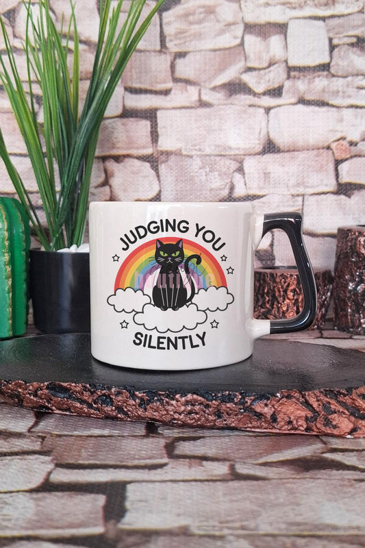 Kedi Komik Meraklı Esprili Kedisever Kedi Sahibi Keşifçi Hediyelik Kulplu Kupa Bardak