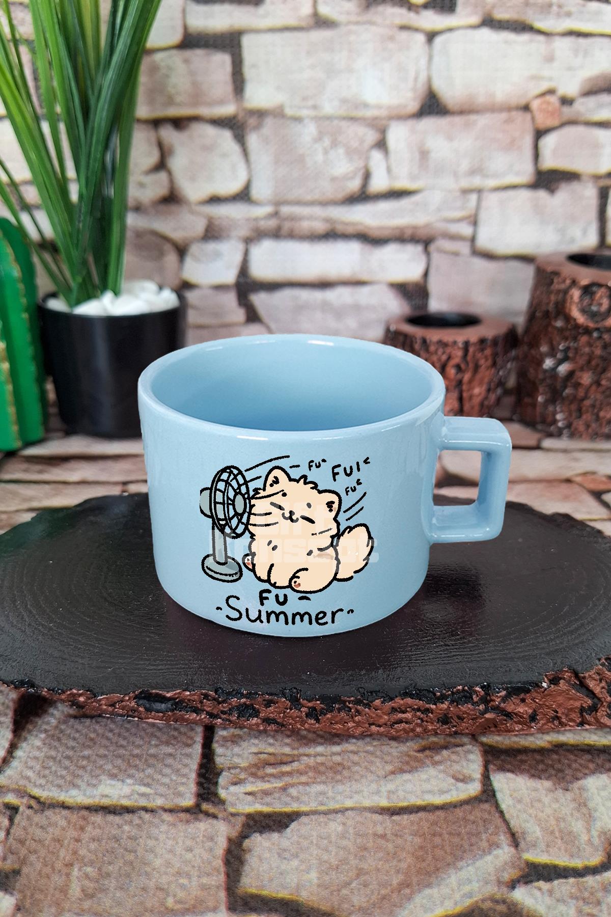 Kedi Komik Sevimli Esprili Kedisever Kedi Sahibi Şirin Kare Kulplu Fincan Mavi Kupa Bardak