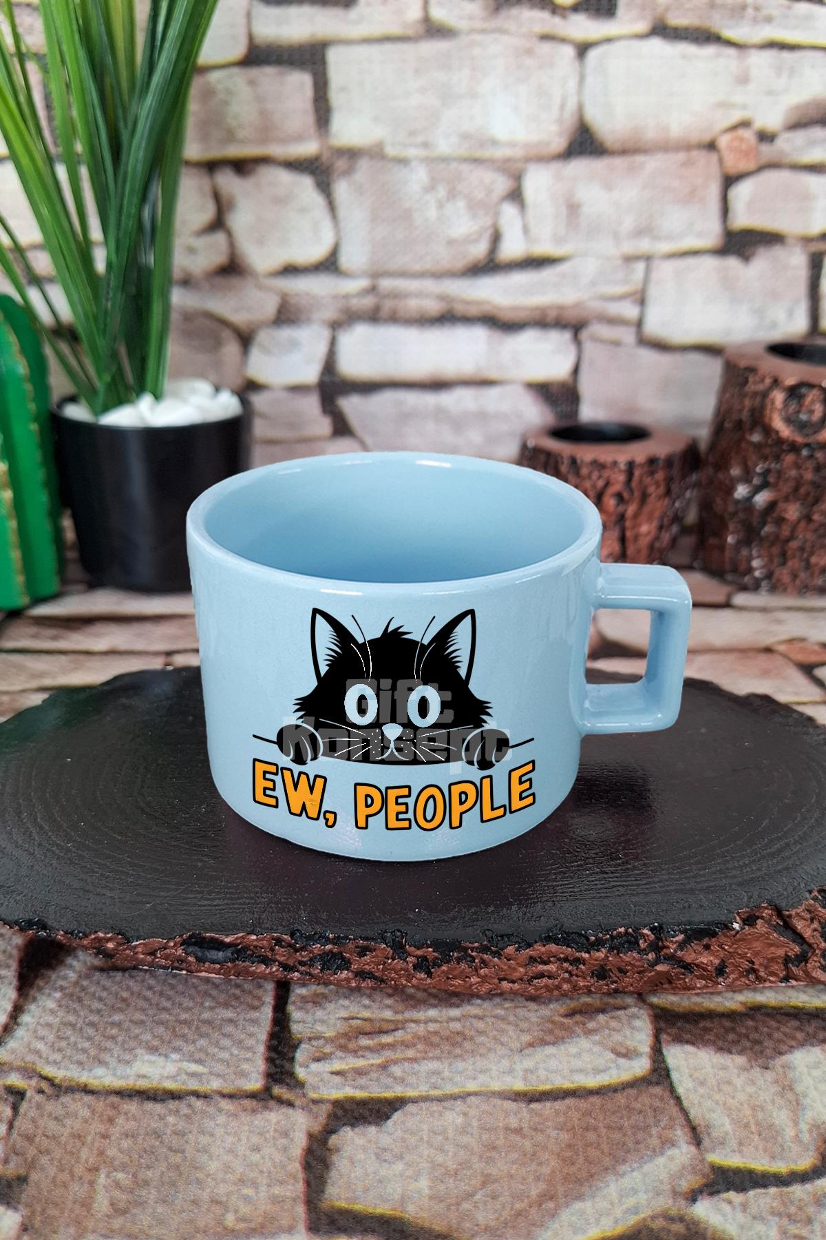 Kedi Komik Uykucu Esprili Kedisever Kedi Sahibi Uykulu Kare Kulplu Fincan Mavi Kupa Bardak