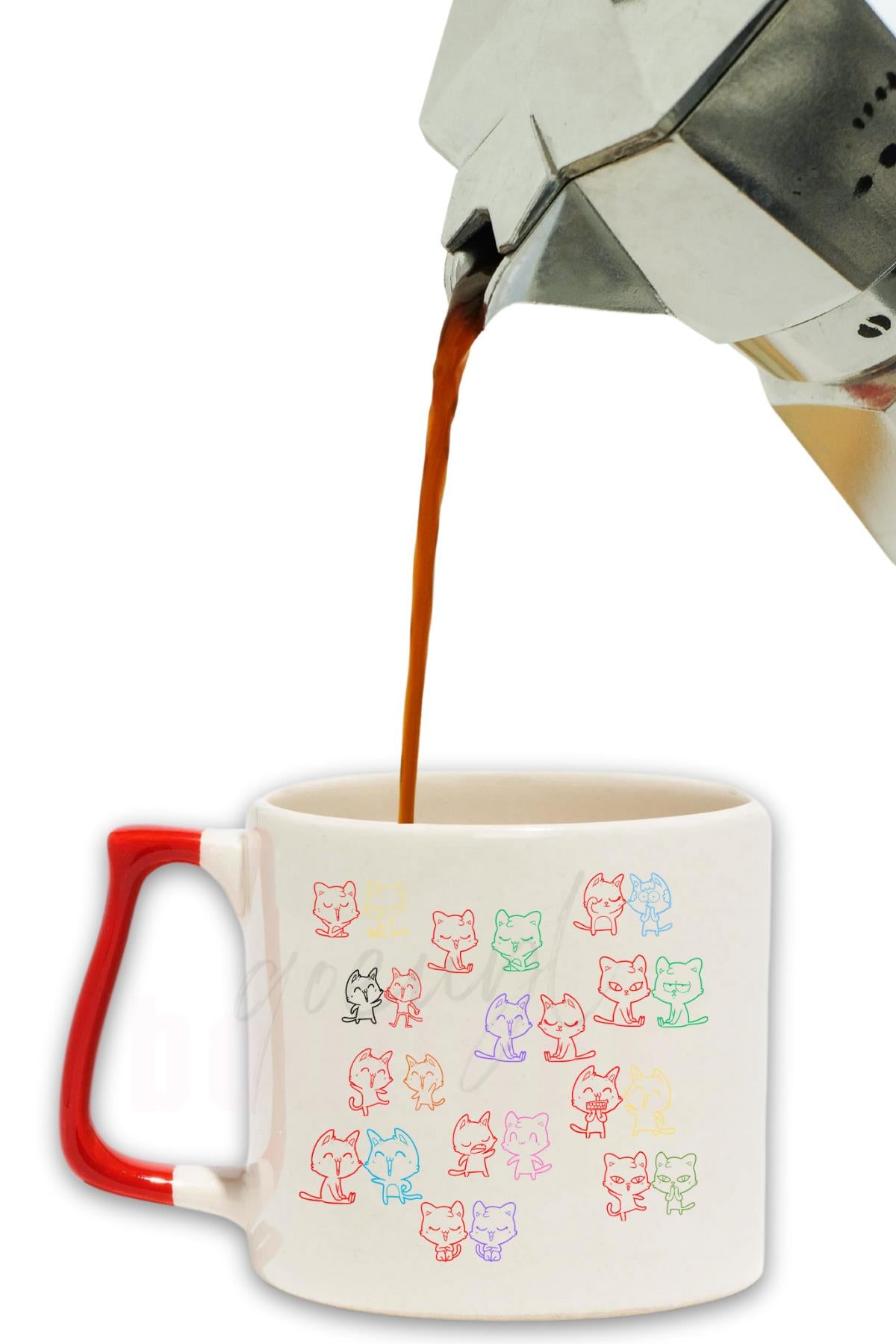 Kediler Mahallesi Baskılı Hediyelik Renkli Kulplu Modern Seramik Kupa