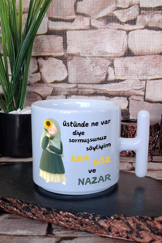 Kem Göz ve Nazar-Giderli Sözler-Tesettürlü Kız Baskılı Hediye T Kulplu Latte Fincanı Kupa Bardak