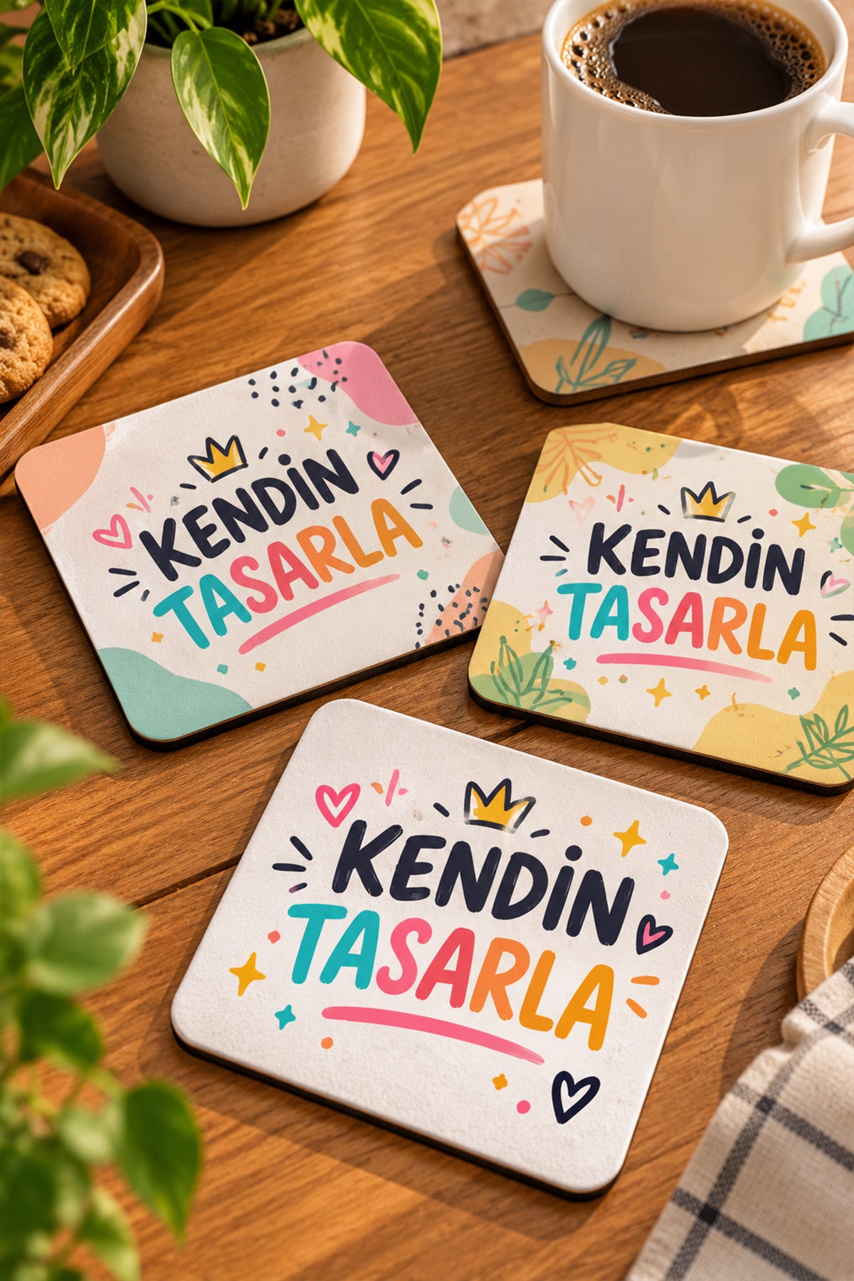 Kendin tasarla kişiye özel baskılı bardak altlığı seti