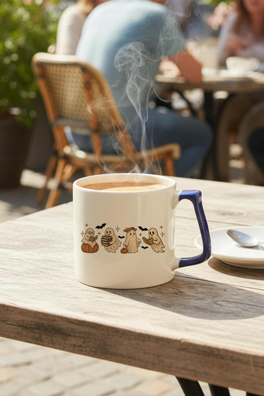 Kitap Okuyan Sevimli Hayaletler Baskılı Lacivert D Kulplu Kupa Bardak