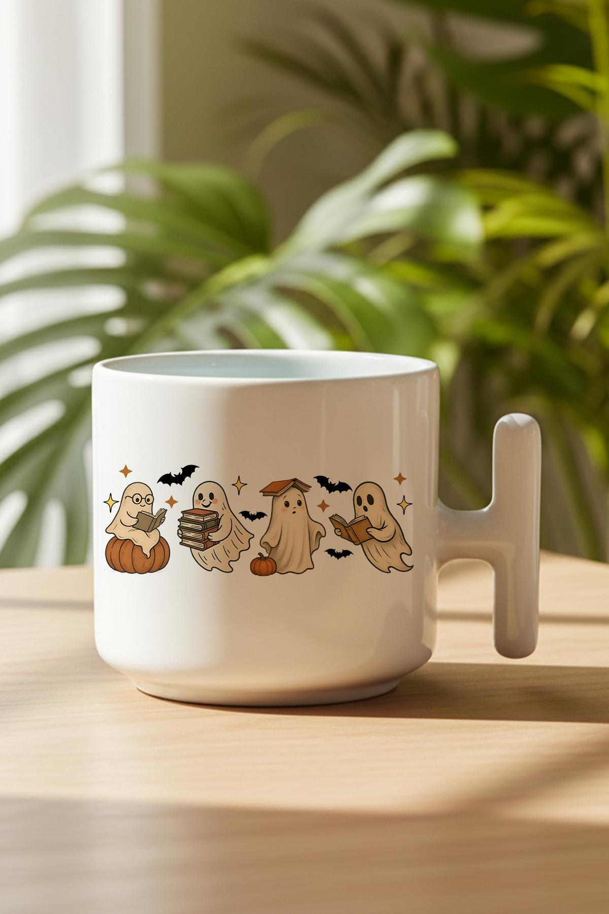 Kitap Okuyan Sevimli Hayaletler Baskılı Hediyelik T Kulplu Latte Fincanı Kupa Bardak