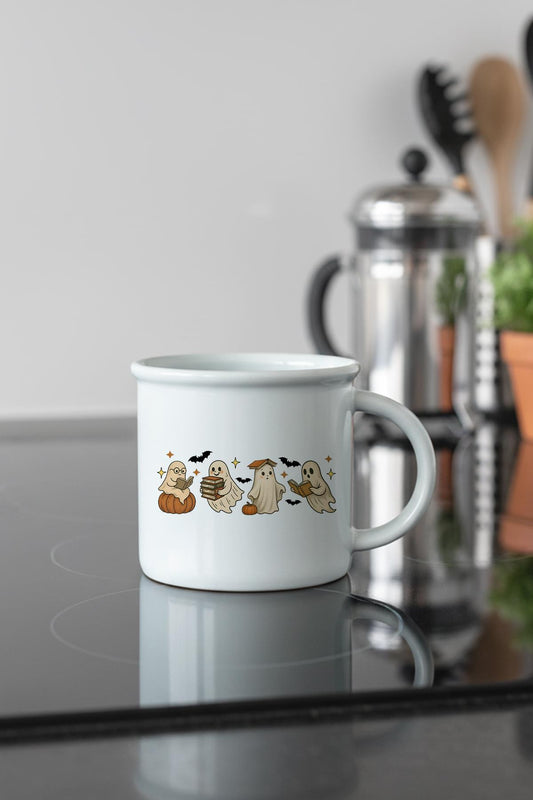 Kitap Okuyan Sevimli Hayaletler Baskılı Enamel Görünümlü Seramik Vintage Kupa Bardak