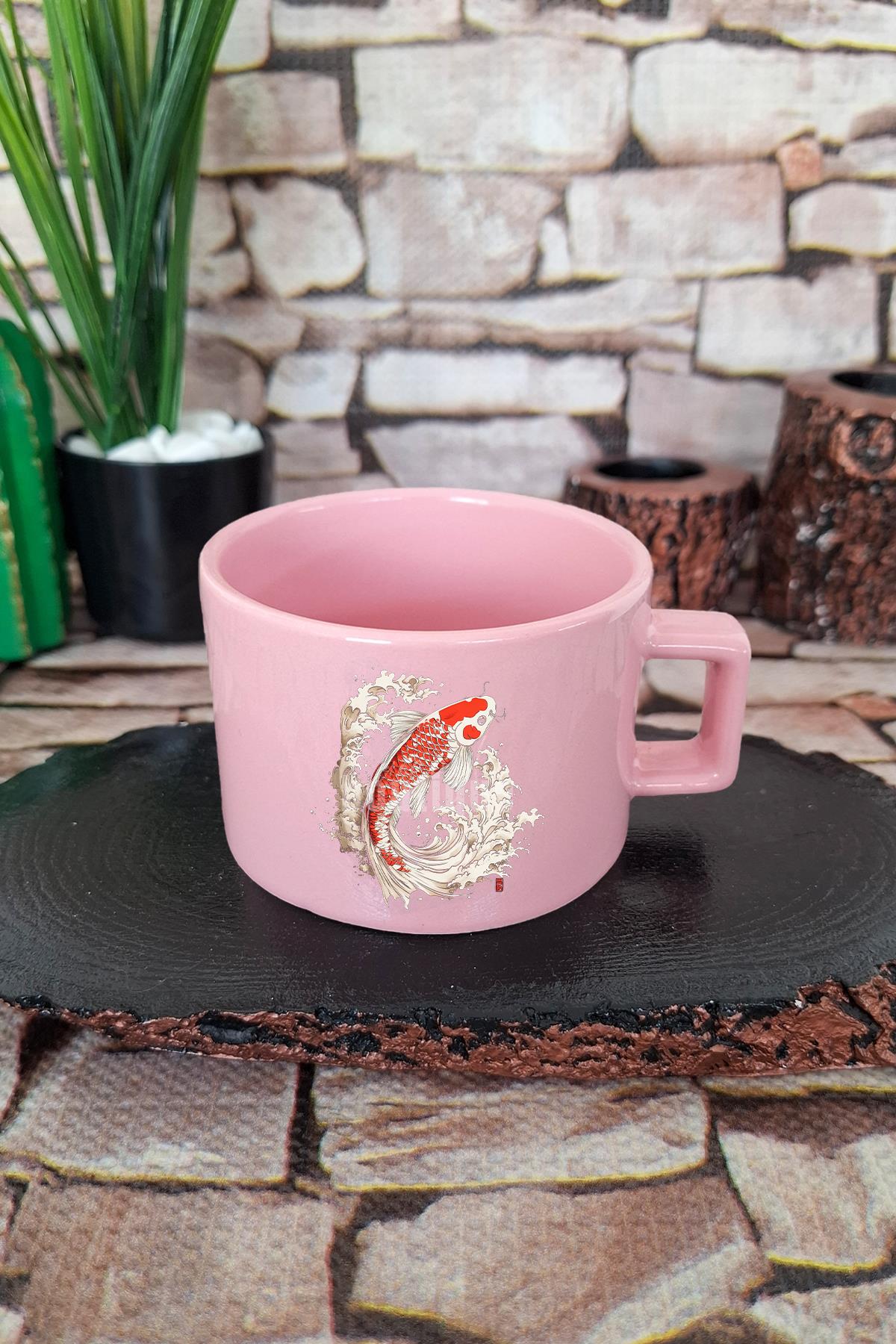 Koi Balığı İlüstrasyon 1 Baskılı Japon Sanatı Anime Zen Kare Kulplu Fincan Mavi Kupa Bardak