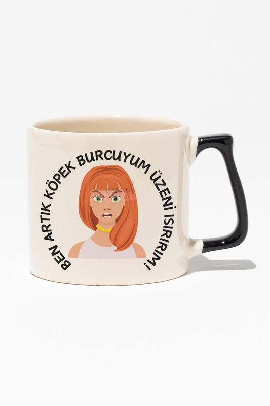 Köpek Burcu Kadın Eğlenceli Komik Hediyelik Beyaz Baskılı Siyah Kulplu Modern Seramik Kupa