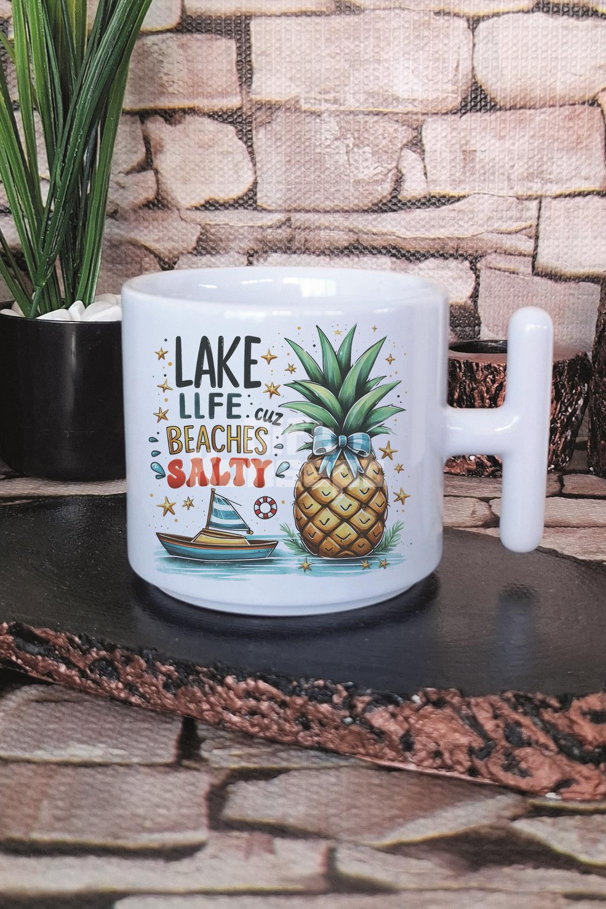 Lake Life Cuz Beaches Satly Baskılı T Kulplu Latte Fincanı Kupa Bardak