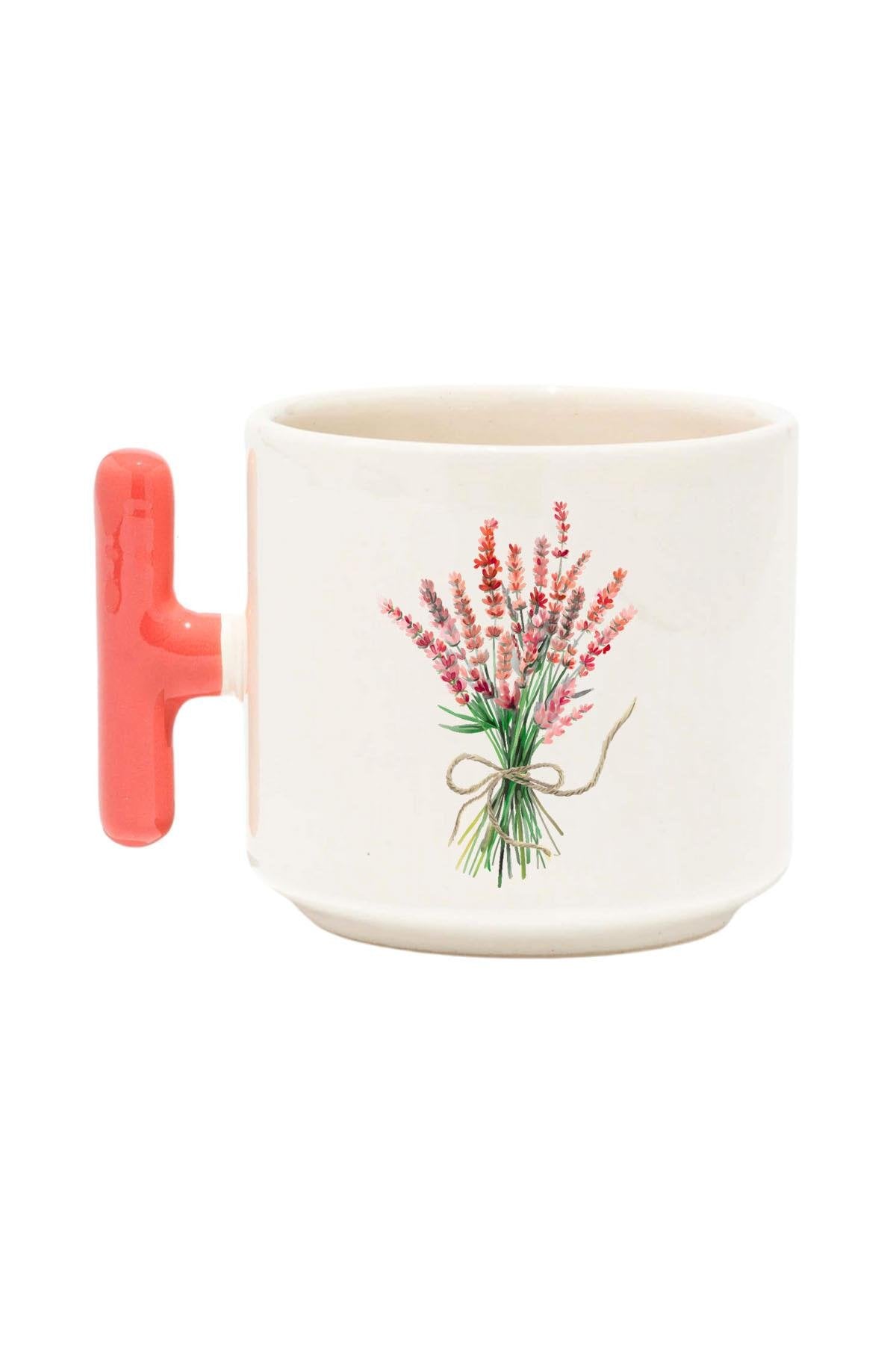 Lavanta Buketi Baskılı Renkli T Kulplu Hediyelik Latte Fincanı Kupa Bardak