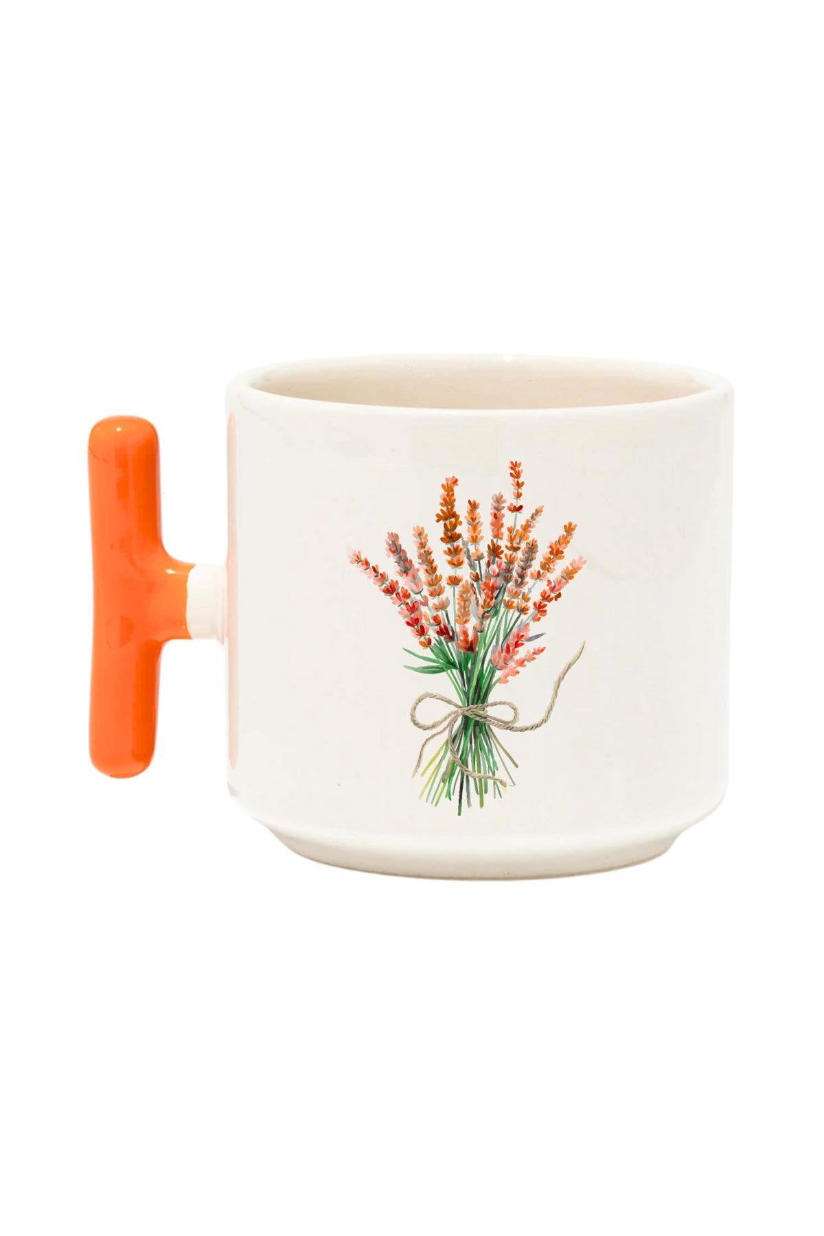 Lavanta Buketi Baskılı Renkli T Kulplu Hediyelik Latte Fincanı Kupa Bardak