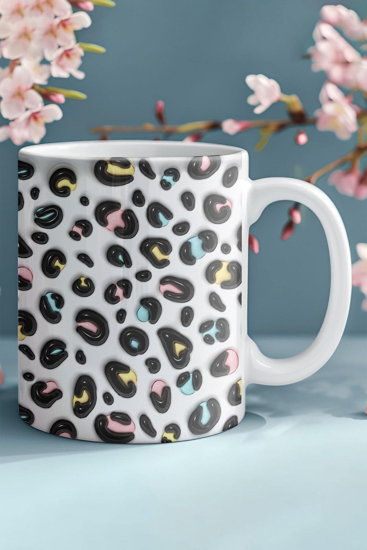 Leopar Desenli Pastel 3D Tasarım Görünümlü Baskılı Kupa Bardak Mug