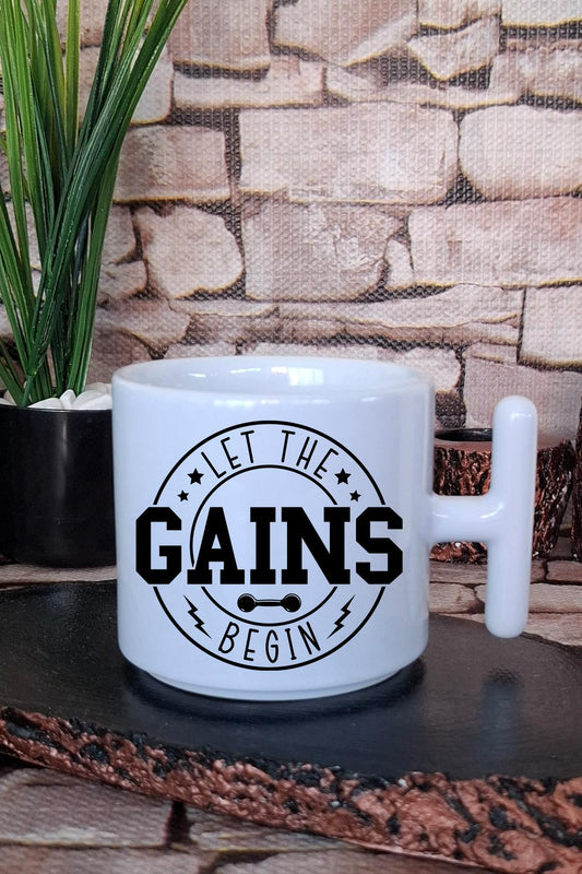 Let The Gains Begin Yazılı Gym Spor Fitness Hediye Baskılı T Kulplu Latte Fincanı Kupa Bardak