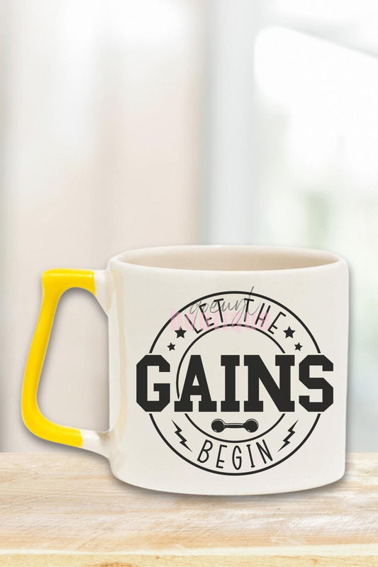 Let The Gains Begin Yazılı Gym Spor Kas Kazanımı Fitness Hediyelik Kulplu Kupa Bardak