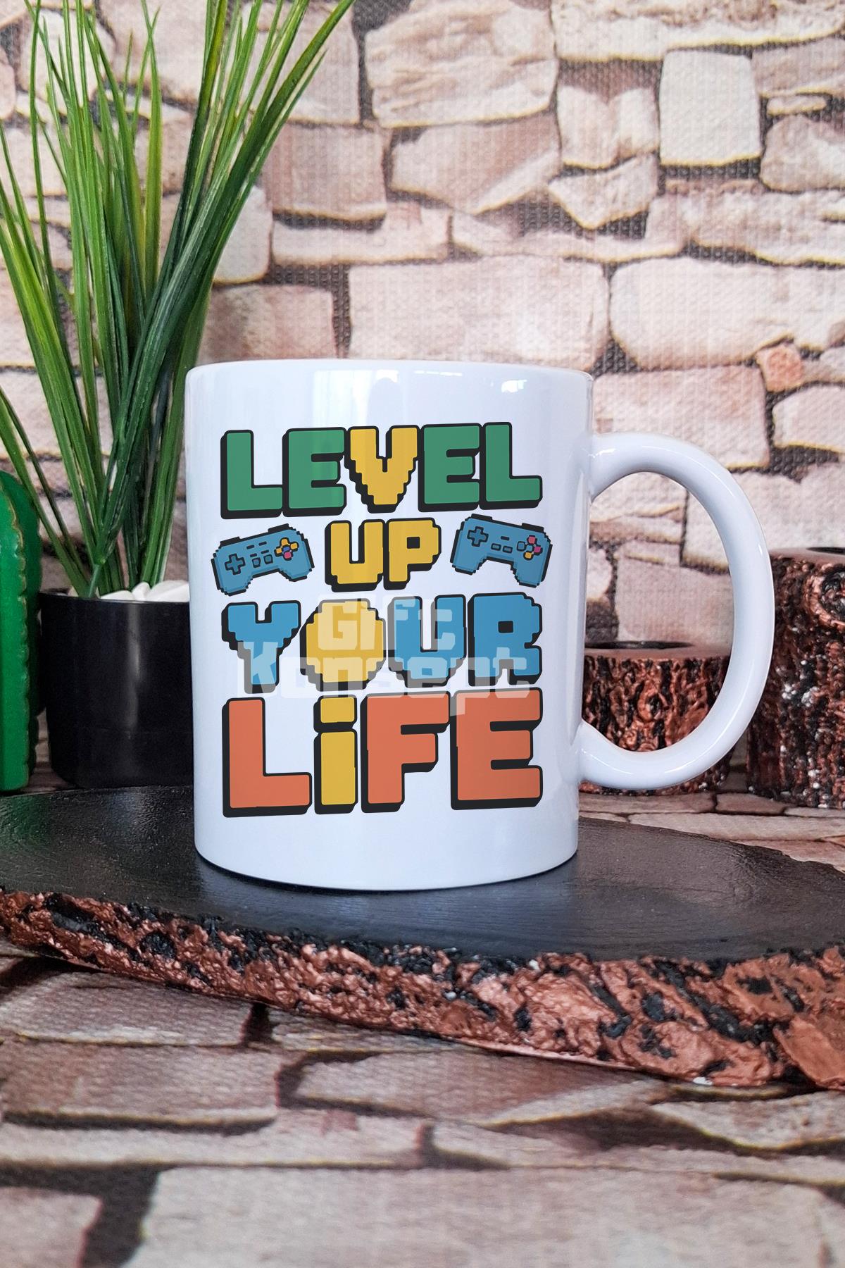 "Lever Up Your Life" Gamer Hediyelik Baskılı Çay Kahve Sunum Kupa Bardak