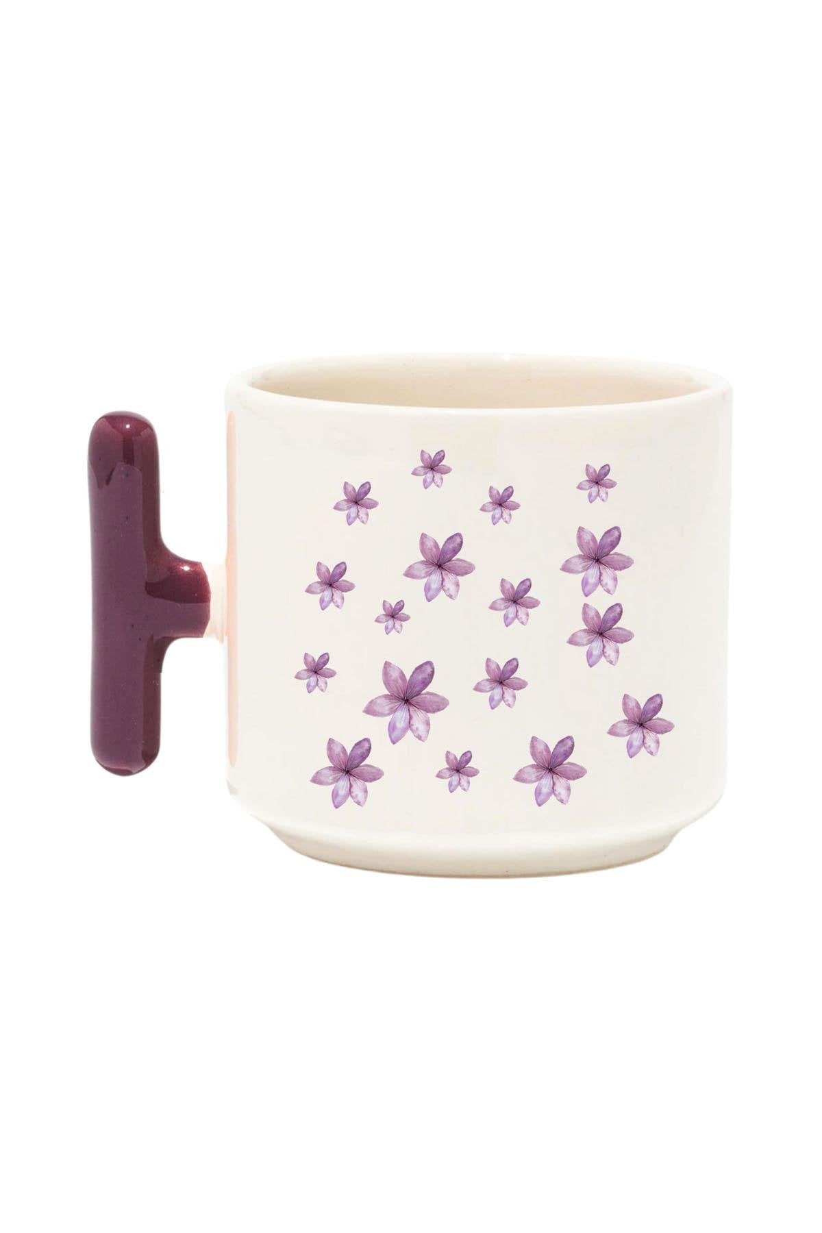 Lila Tonlarında Çiçekler Baskılı Renkli T Kulplu Latte Fincanı Kupa Bardak