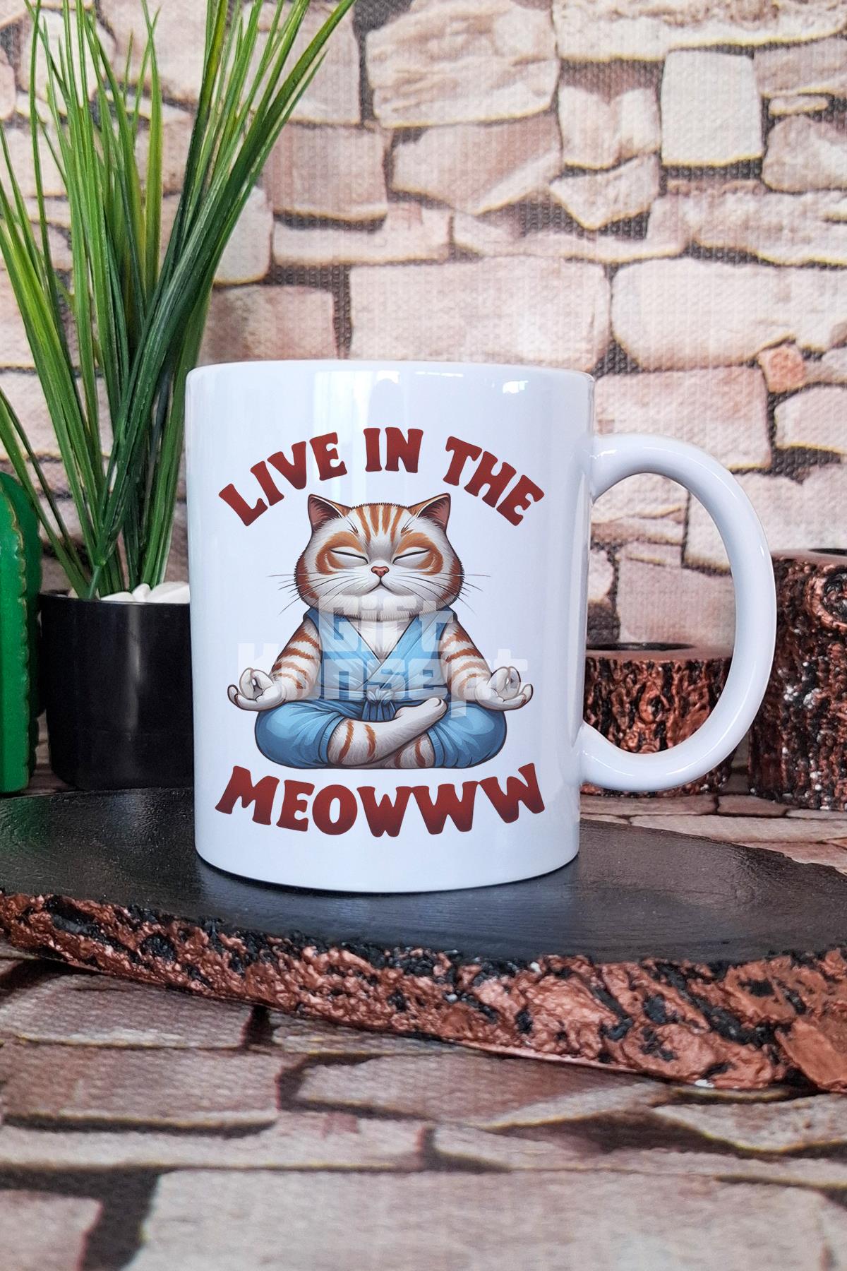 "Live in the meow yoga" Kedi Temalı Eğlenceli Hediyelik Baskılı Çay Kahve Sunum Kupa Bardak