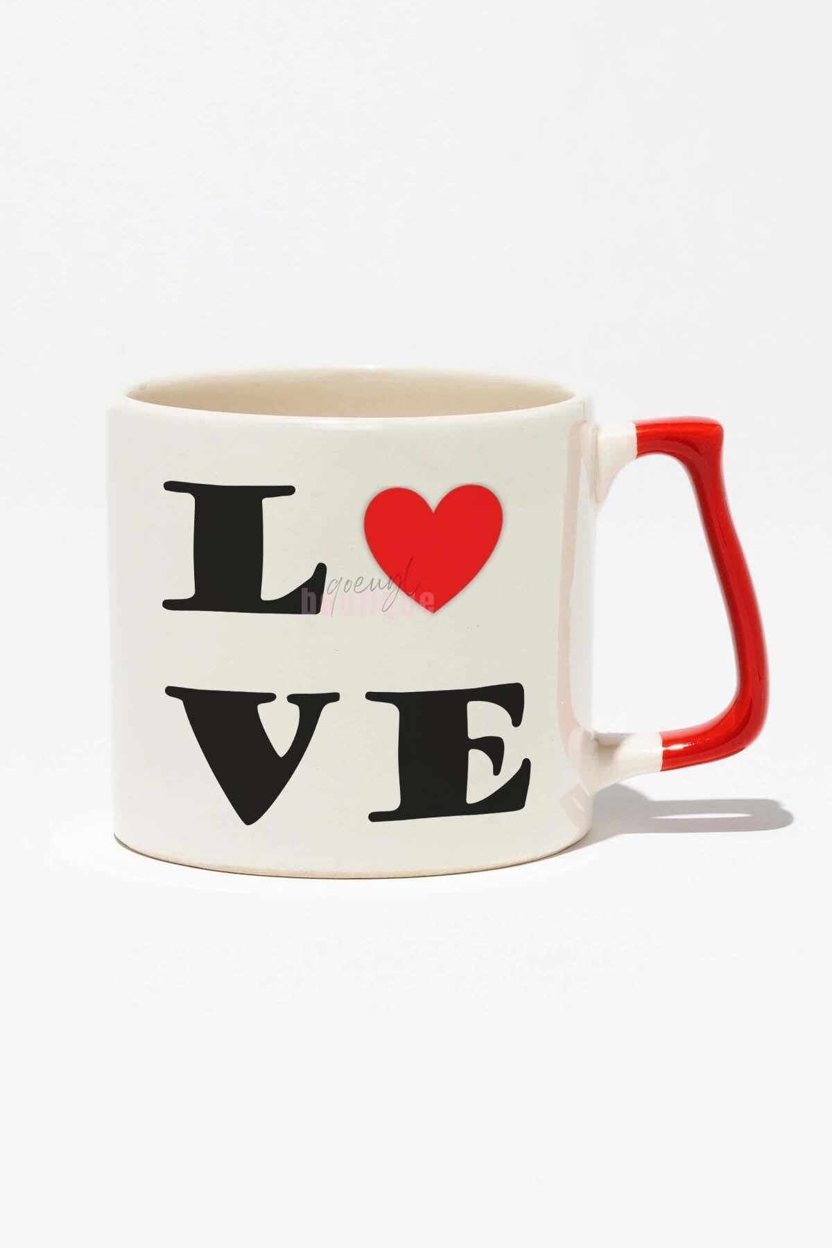 Love Aşk Hediye Baskılı Kırmızı Kulplu Modern Seramik Kupa