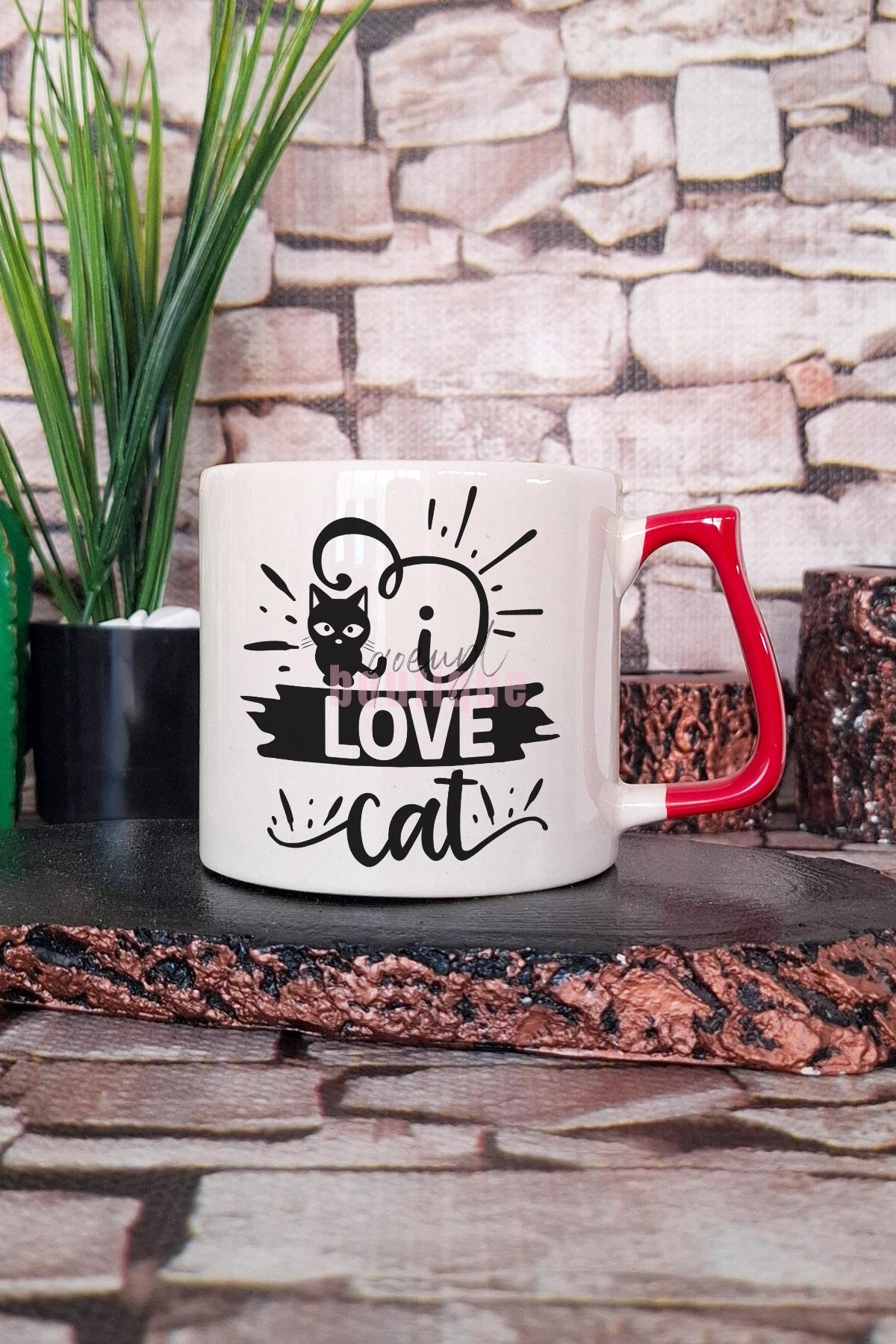 Love Cat Baskılı Kedi Sevgisi Kedisever Aşkı Hediyelik Kulplu Kupa Bardak