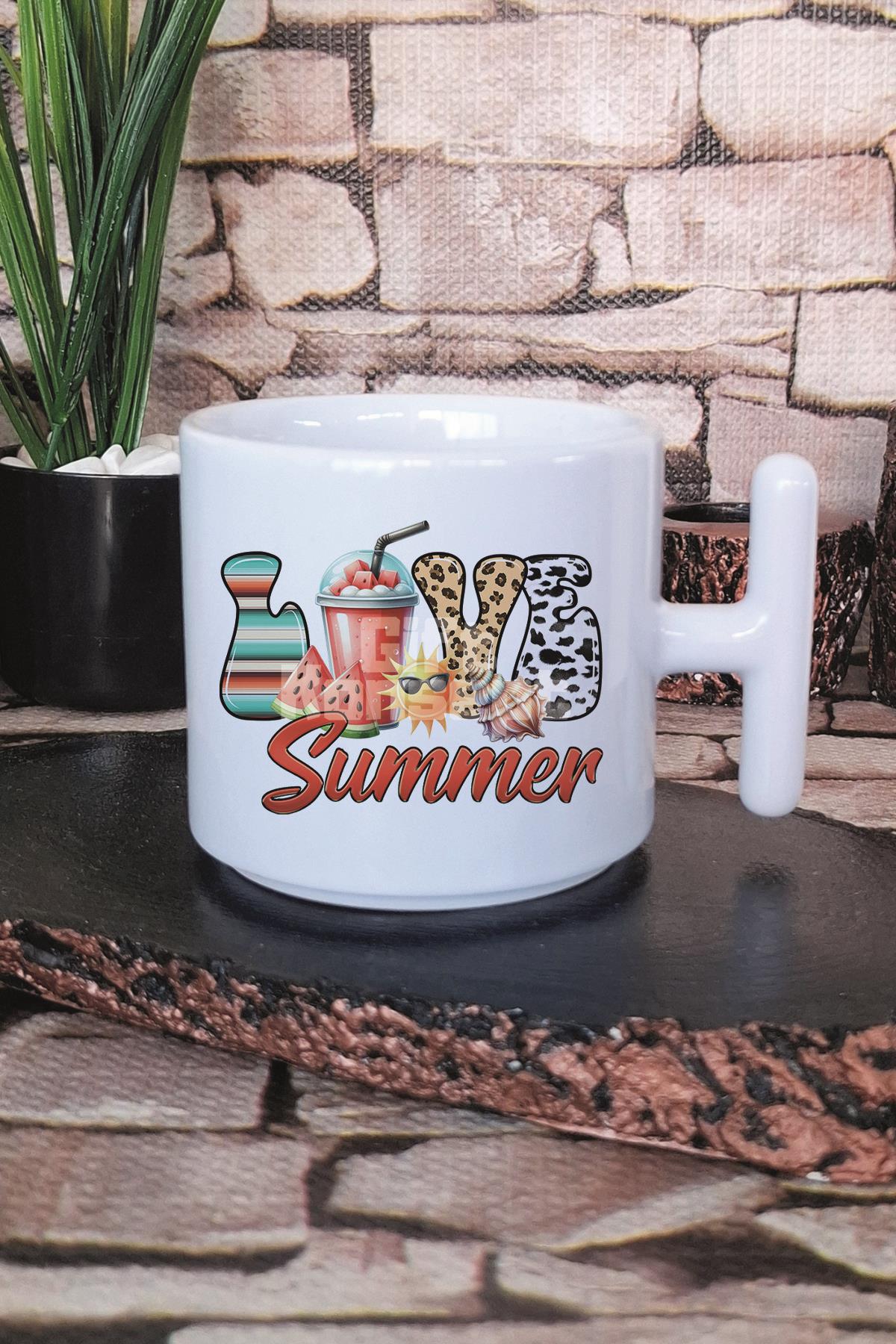 Love Summer Baskılı T Kulplu Latte Fincanı Kupa Bardak