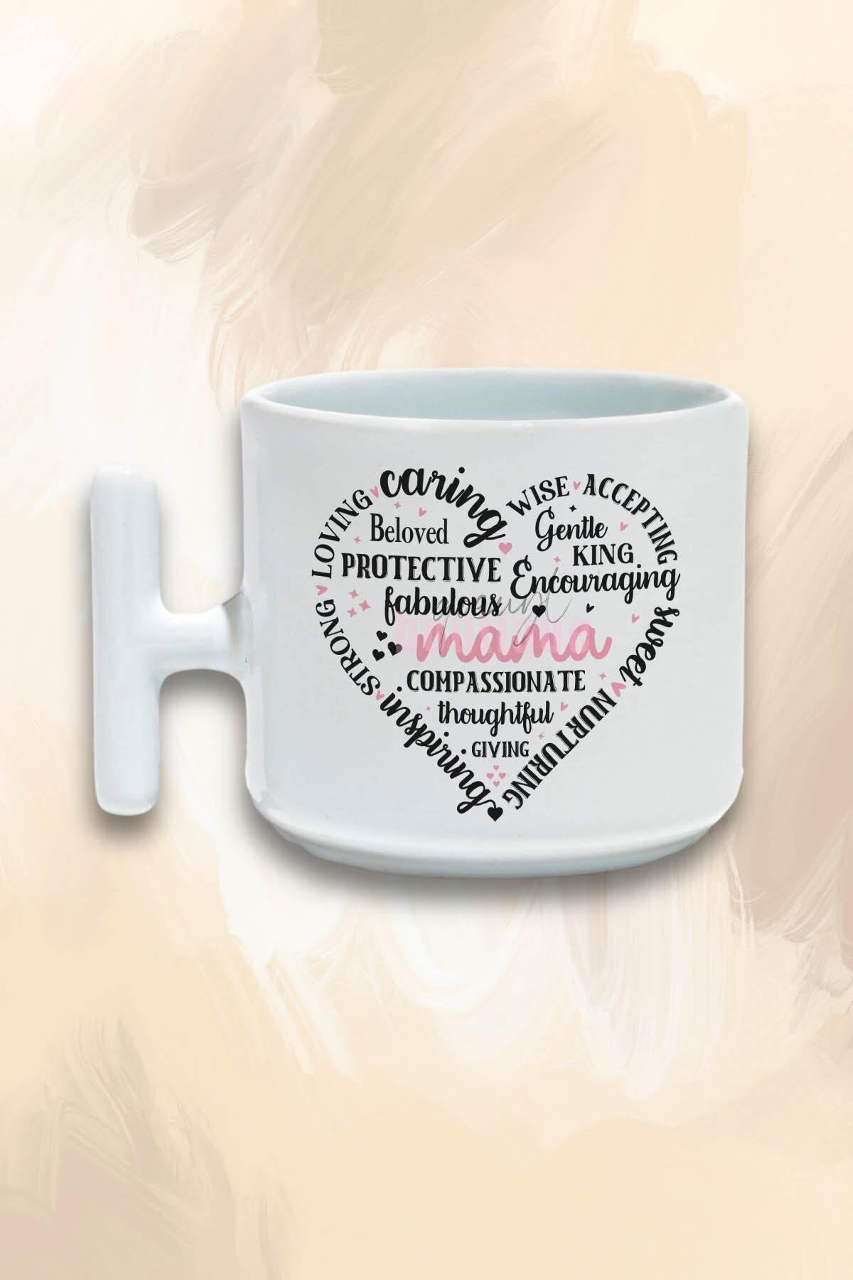 Mama Şekilli Yazılı Kalp Baskılı Anneler Günü Hediyelik T Kulplu Latte Fincanı Kupa Bardak