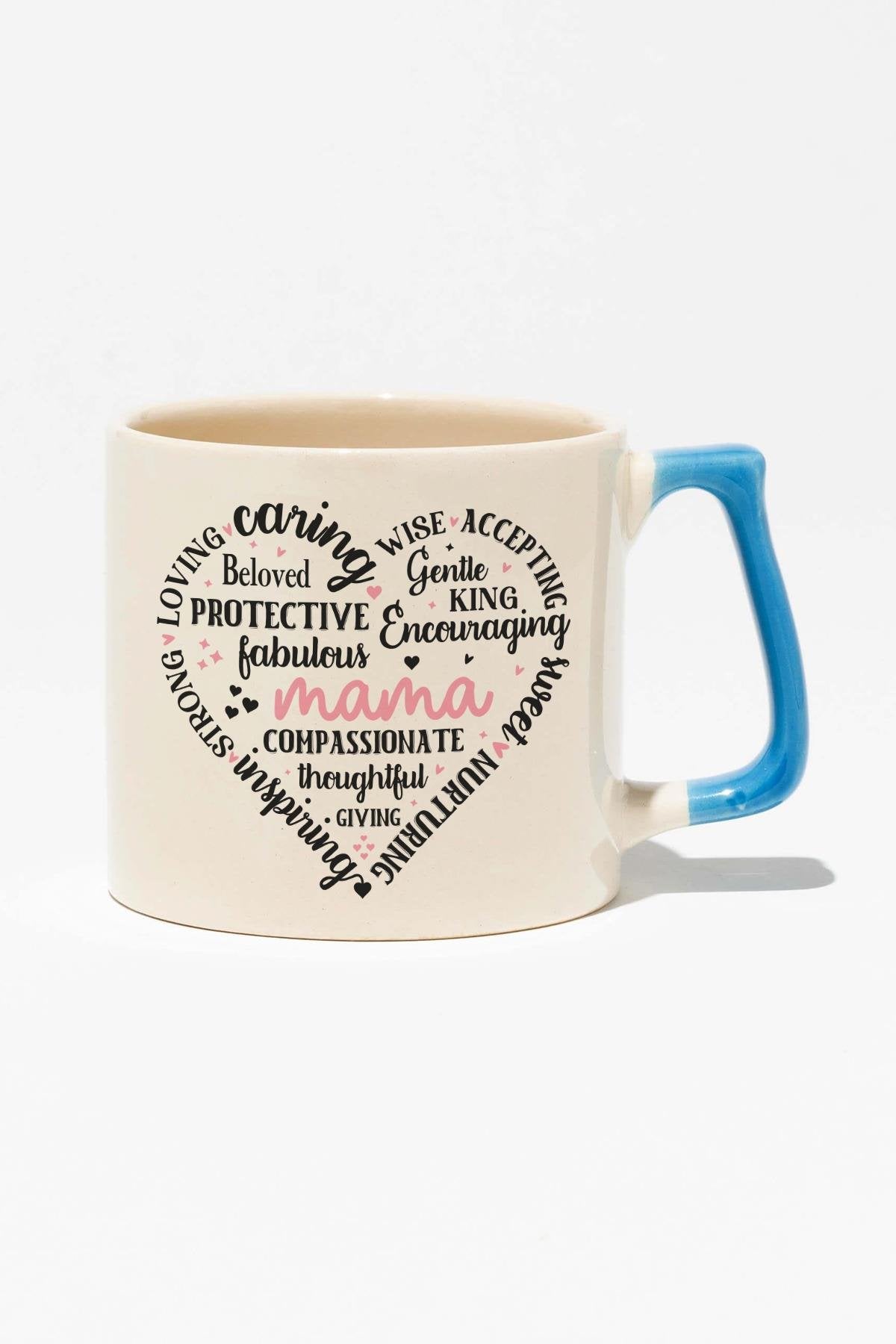 Mama Şekilli Yazılı Kalp Baskılı Anneler Günü Hediyelik Mavi Kulplu Modern Seramik Kupa