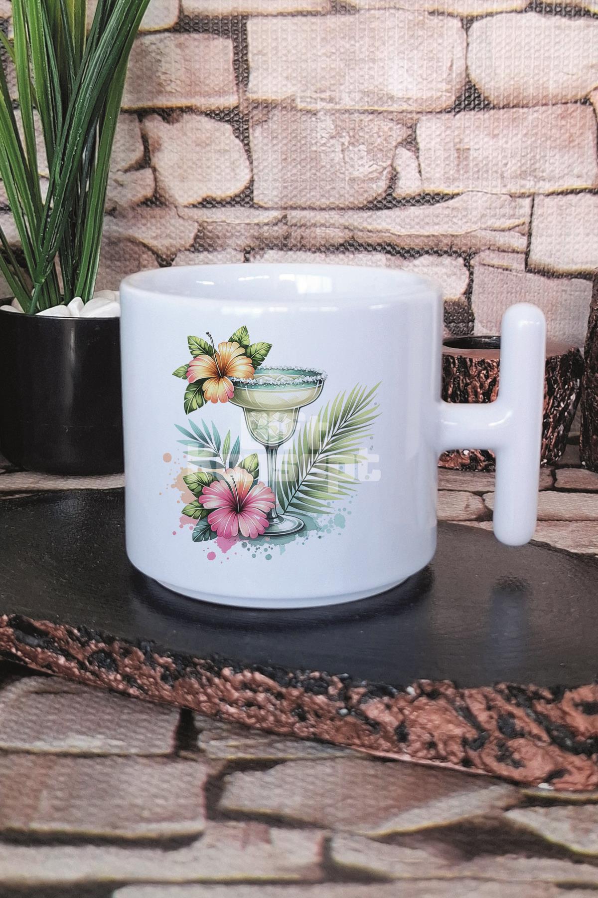 Margarita Kokteyl Ve Tropikal Çiçek Baskılı T Kulplu Latte Fincanı Kupa Bardak