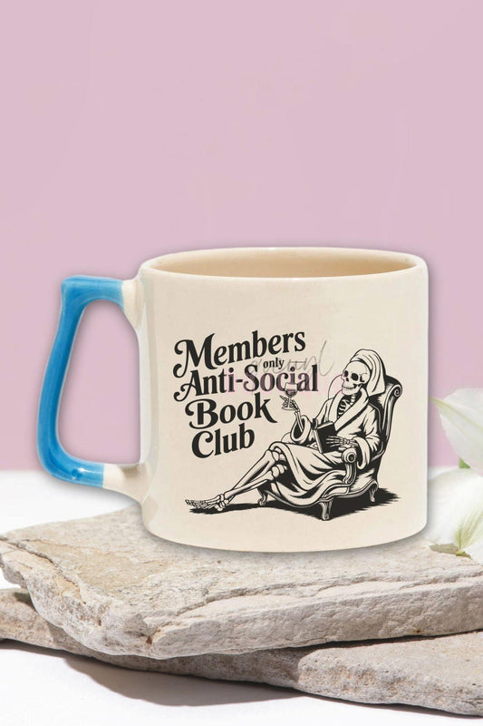 Members Only Anti Social Book Club Baskılı Kitap Kulübü Hediyelik Mavi Kulplu Kupa Bardak
