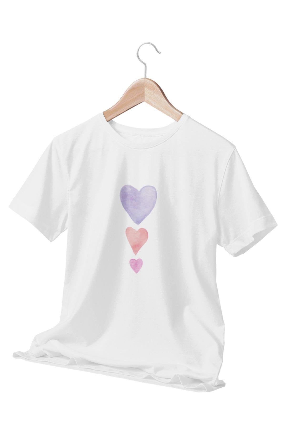 Mini Renkli Kalp Baskılı Eğlenceli Beyaz Unisex T-Shirt