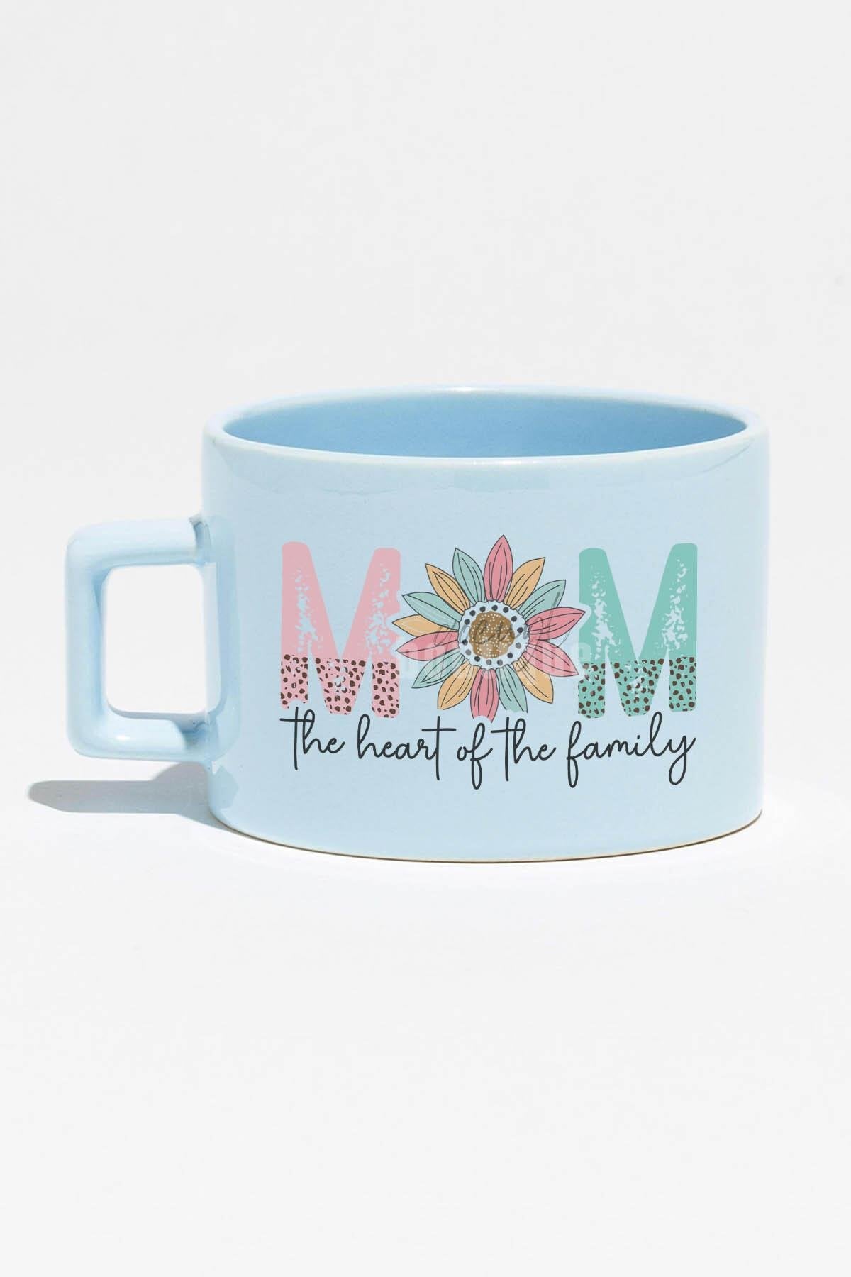 Mom Heart Of The Family Baskılı Anneler Günü Hediyelik Mavi Dikdörtgen Kulplu Fincan Kupa Bardak