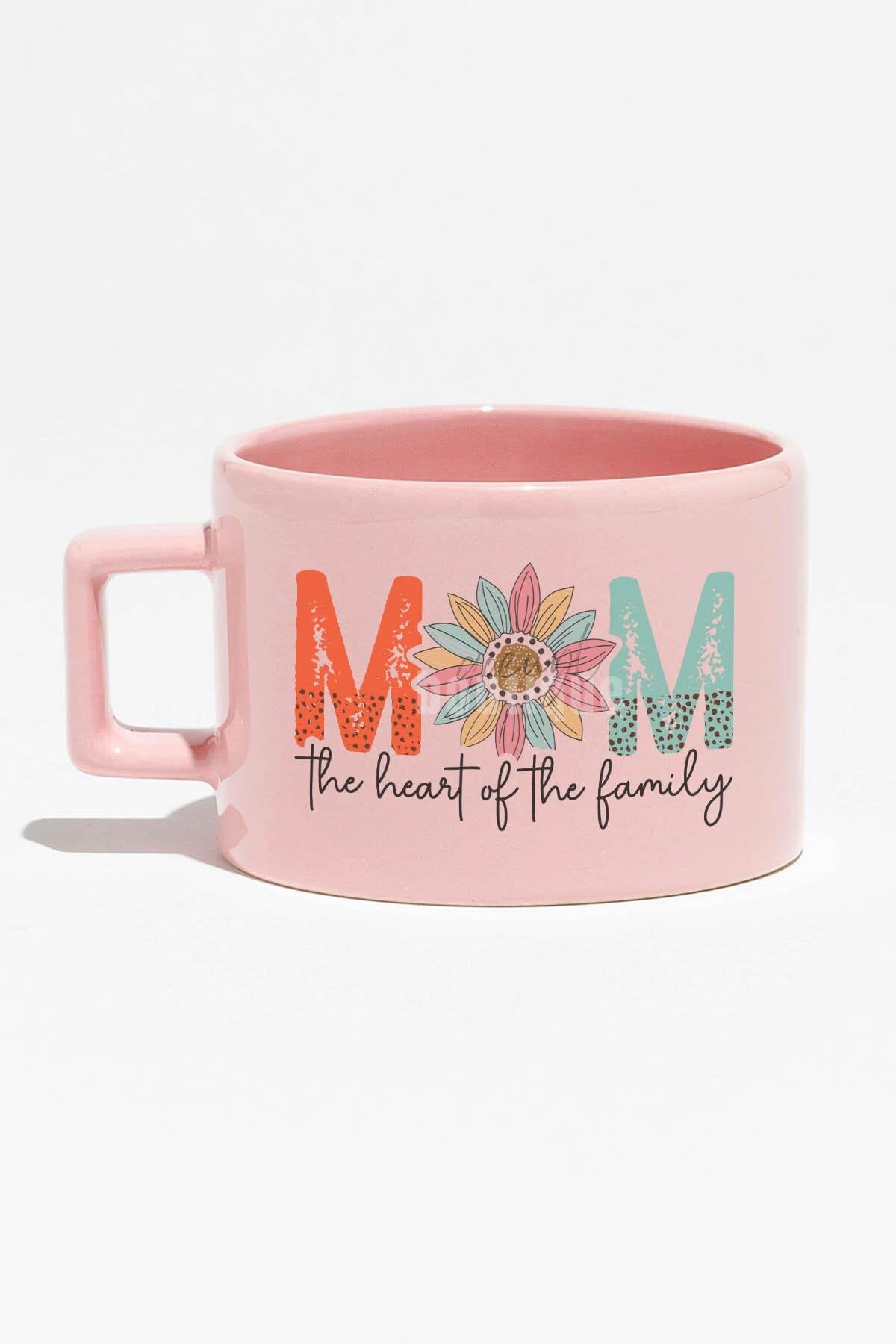 Mom Heart Of The Family Baskılı Anneler Günü Hediyelik Mavi Dikdörtgen Kulplu Fincan Kupa Bardak