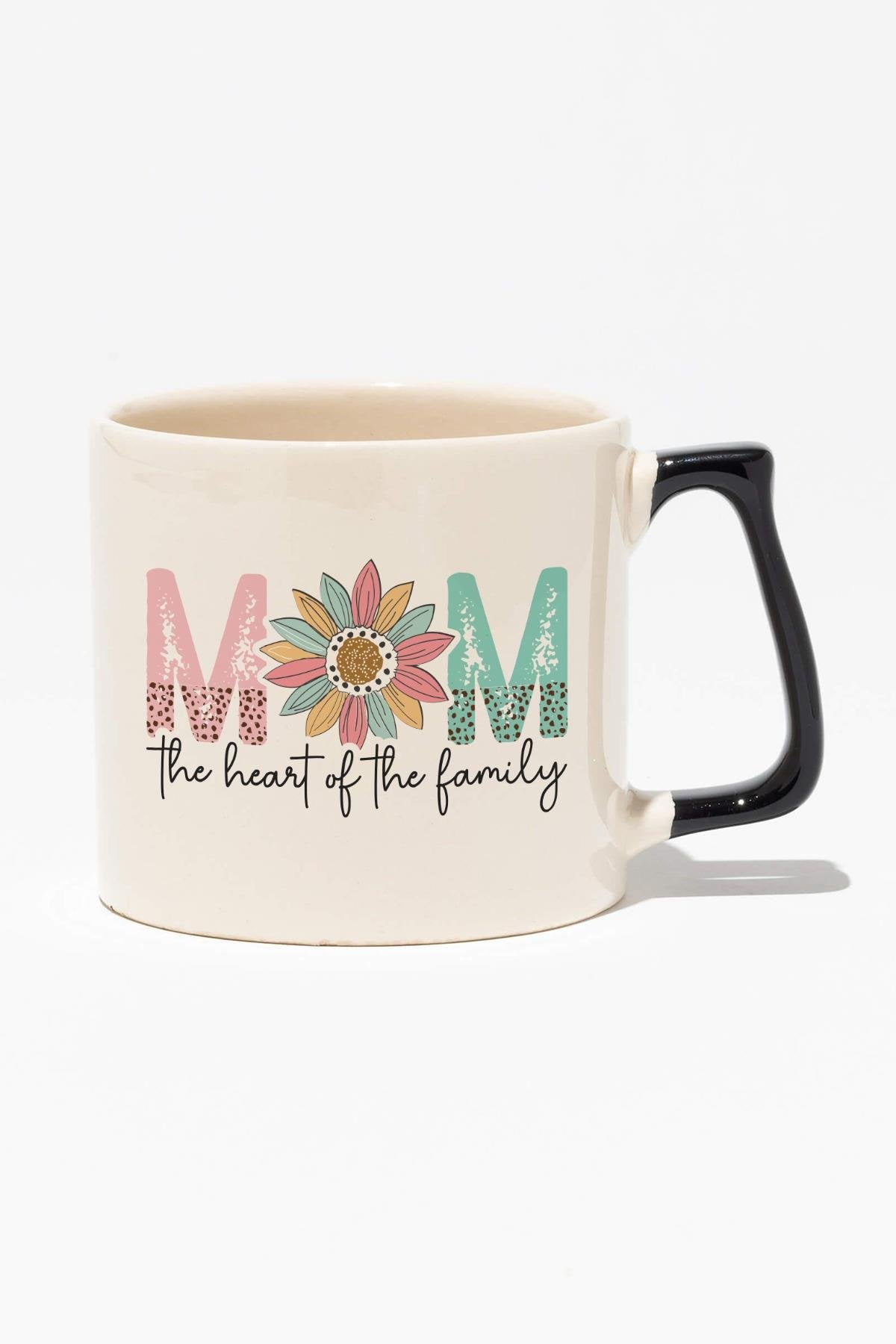 Mom Heart Of The Family Baskılı Anneler Günü Hediyelik Siyah Kulplu Modern Seramik Kupa