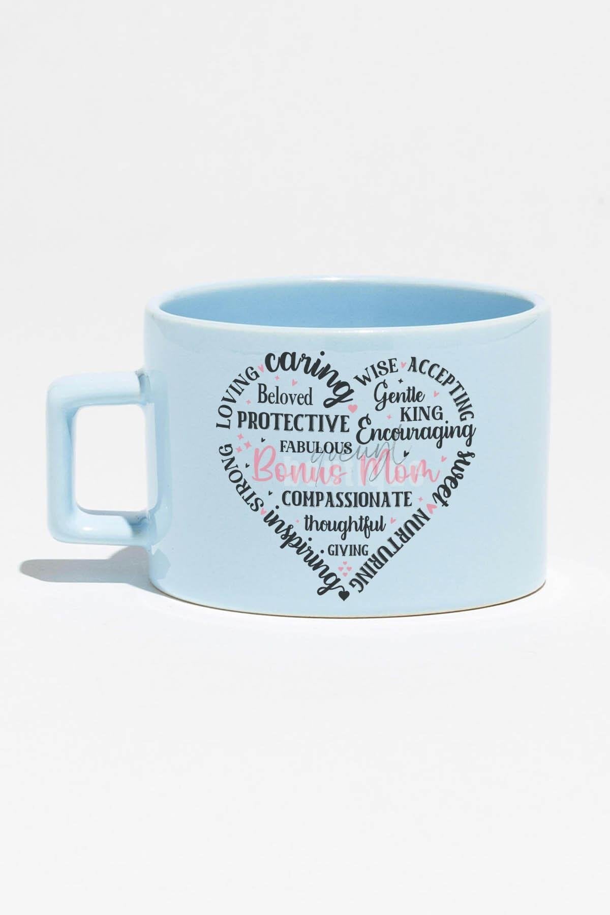 Mom Kalp Şekilli Yazılı Baskılı Anneler Günü Hediyelik Mavi Dikdörtgen Kulplu Fincan Kupa Bardak