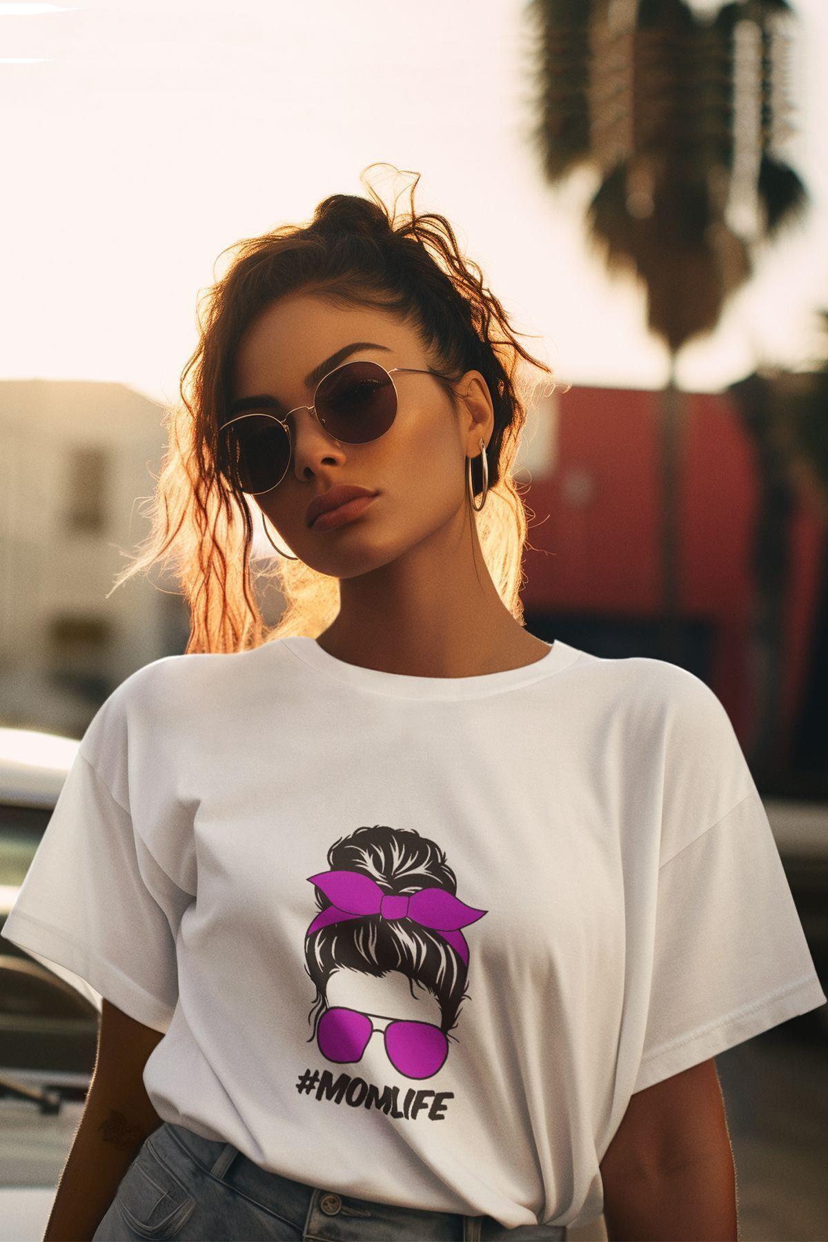 Mom Lİfe Baskılı Anneler Günü Doğum Günü Hediyelik Eğlenceli Beyaz Unisex T-Shirt