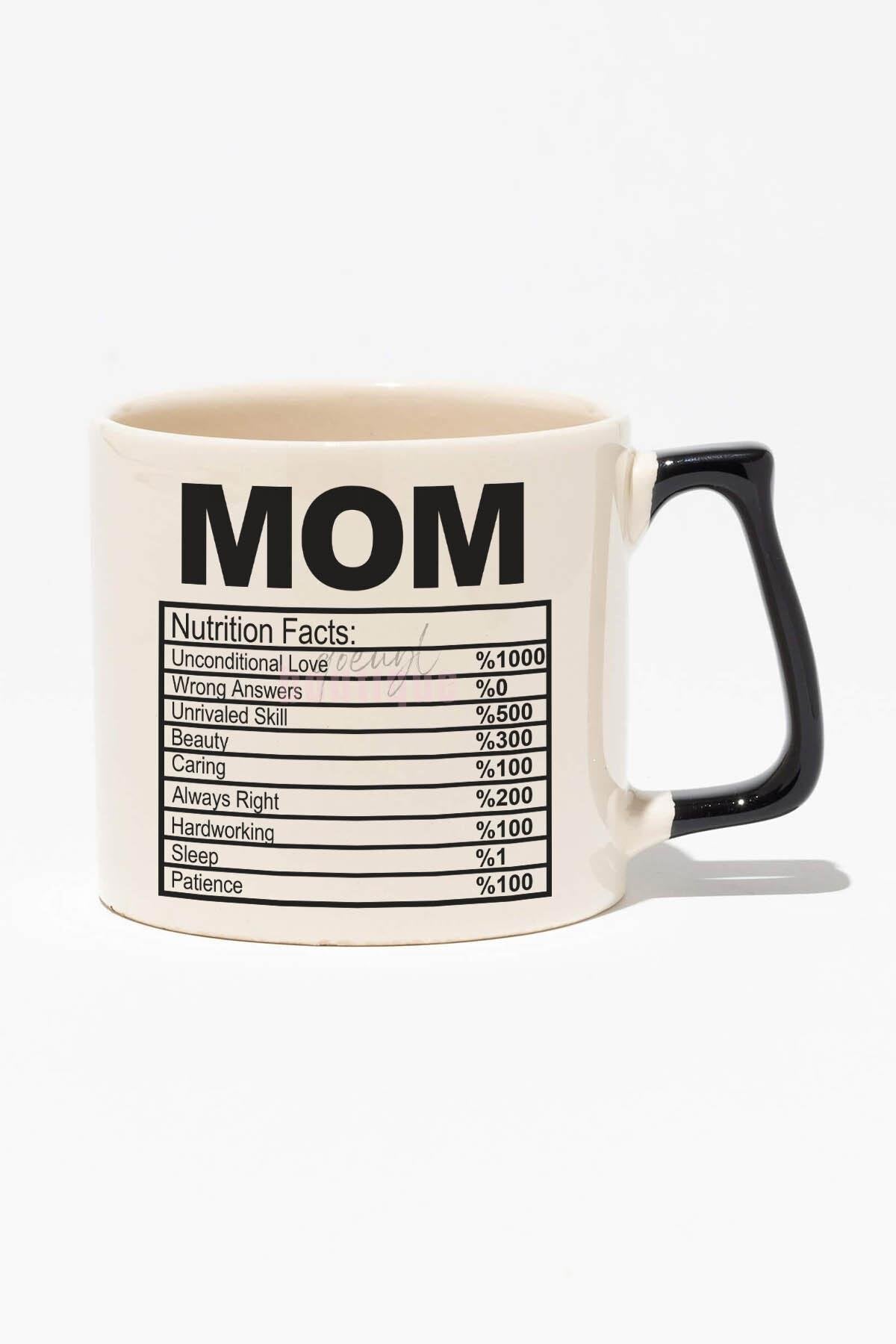 Mom Nutrition Facts Baskılı | Anneler Günü Anneye Hediye | Kırmızı Kulplu Modern Seramik Kupa