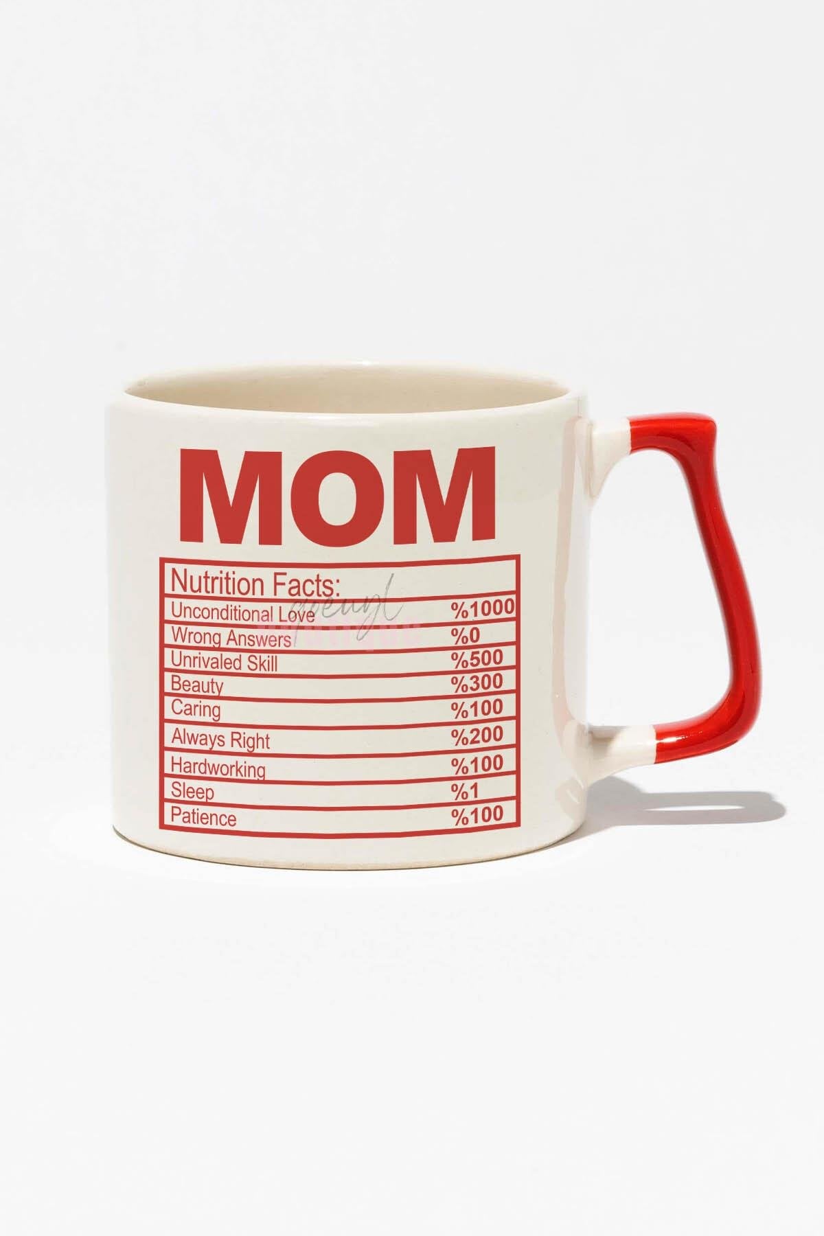 Mom Nutrition Facts Baskılı | Anneler Günü Anneye Hediye | Kırmızı Kulplu Modern Seramik Kupa