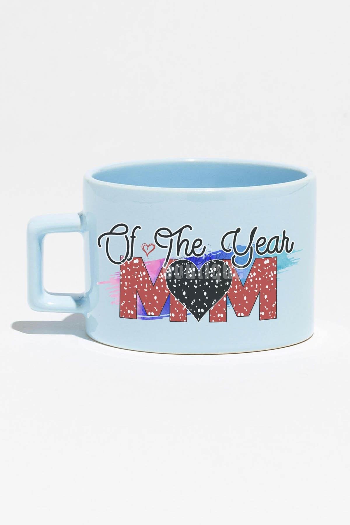 Mom Of The Year No:2 Baskılı Anneler Günü Hediyelik Mavi Dikdörtgen Kulplu Fincan Kupa Bardak