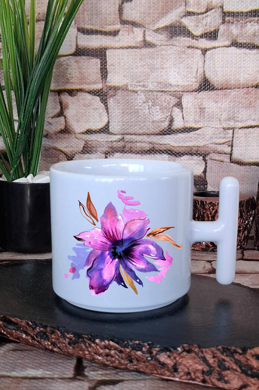 Mor Çiçek Baskılı T Kulplu Latte Fincanı Kupa Bardak