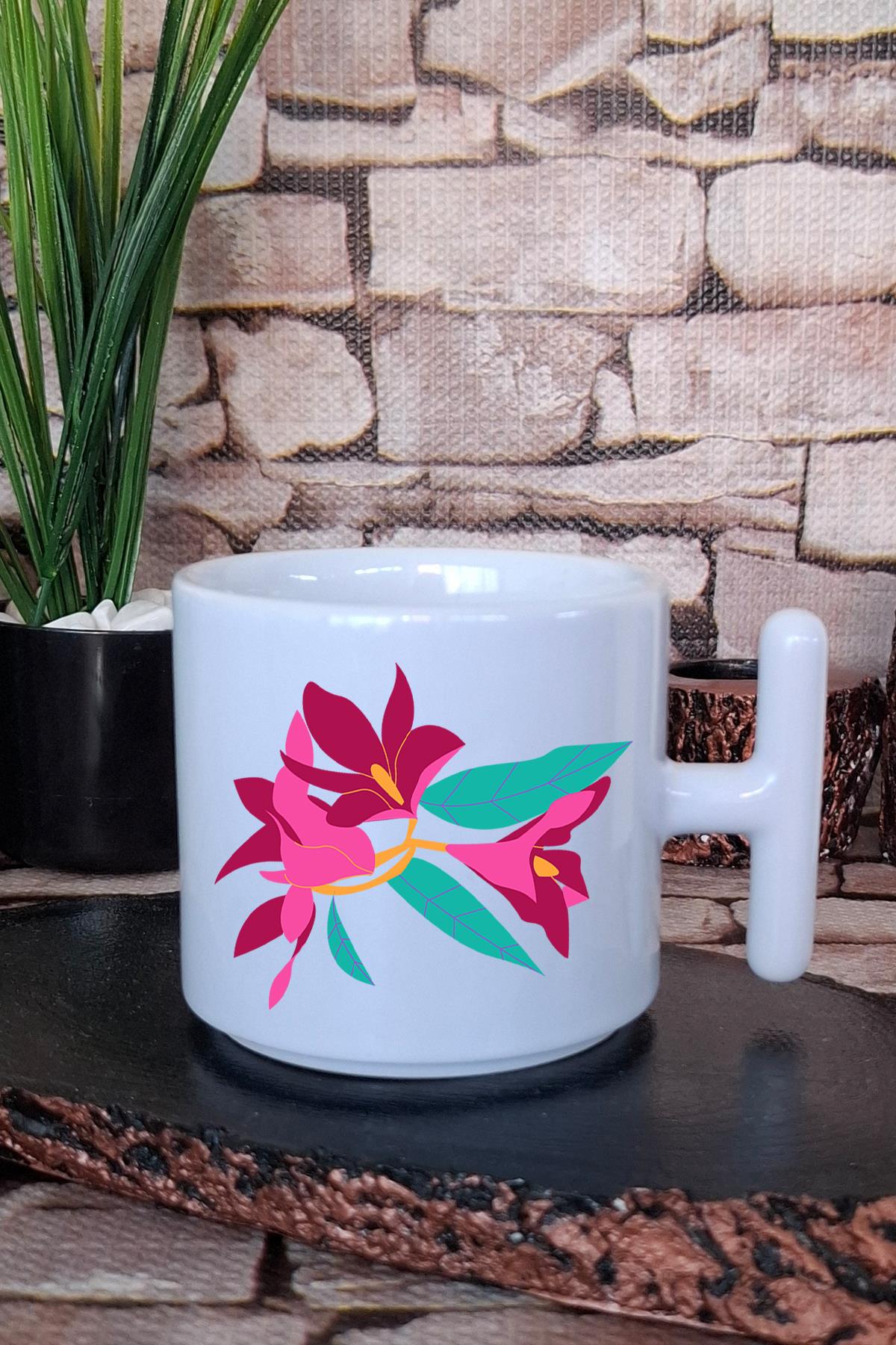 Mor Zambak Esintisi Baskılı T Kulplu Latte Fincanı Kupa Bardak