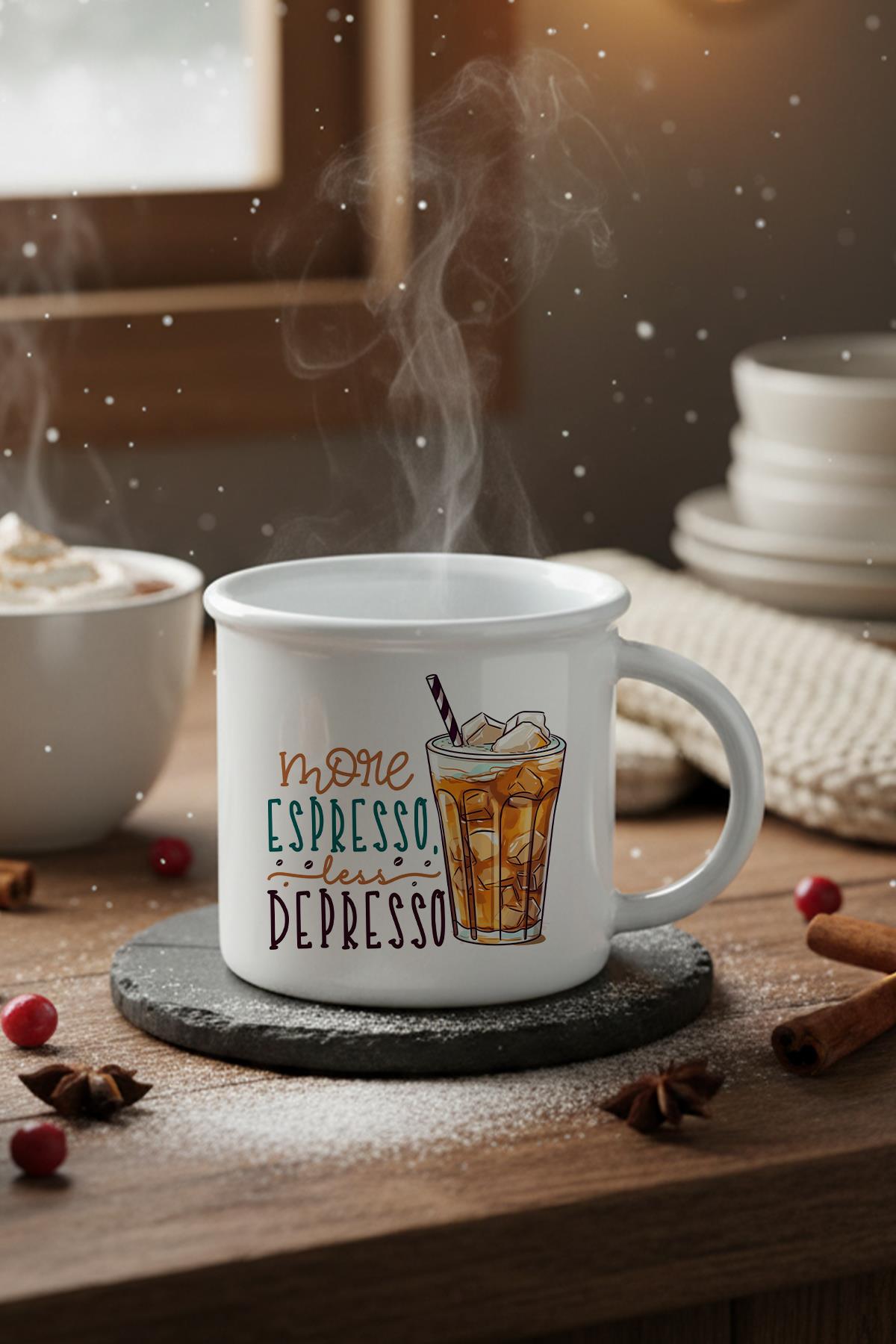 More Espresso Less Depresso Baskılı Enamel Görünümlü Seramik Vintage Kupa Bardak