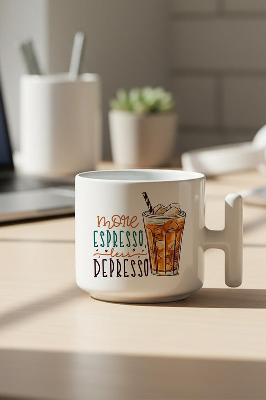 More Espresso Less Depresso Baskılı Hediyelik T Kulplu Latte Fincanı Kupa Bardak