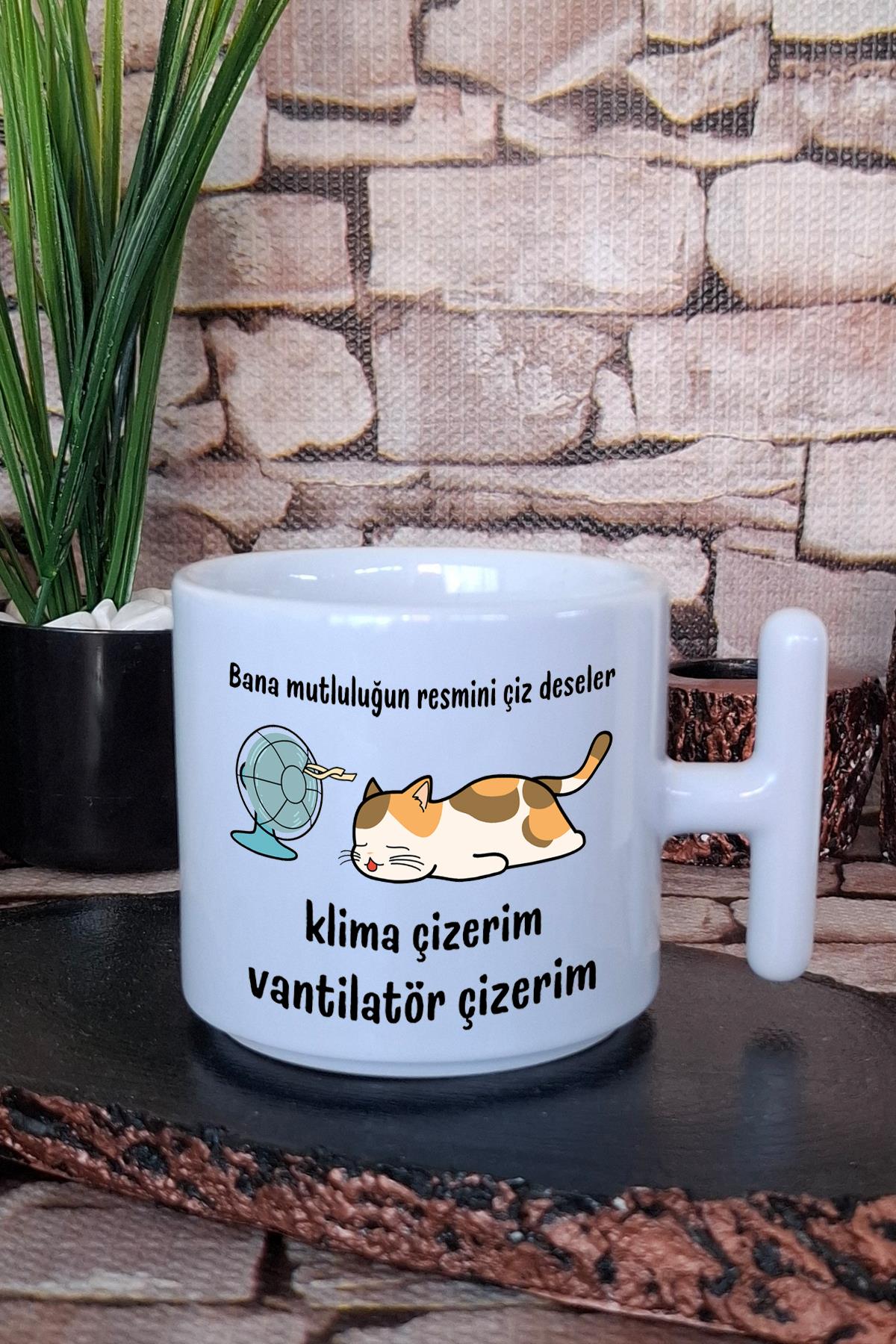 Mutluluğun Resmi-Kedi Baskılı Eğlenceli Komik Hediyelik T Kulplu Latte Fincanı Kupa Bardak