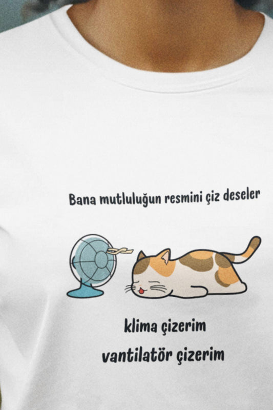 Mutluluğun Resmi-Kedi Baskılı Eğlenceli Komik Hediyelik Beyaz Kadın T-Shirt
