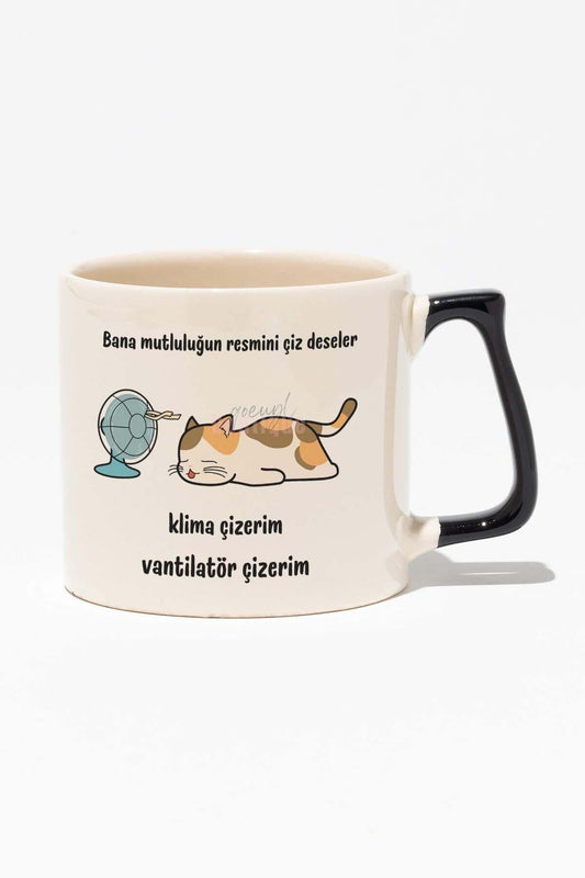 Mutluluğun Resmi-Kedi Eğlenceli Komik Hediyelik Beyaz Baskılı Siyah Kulplu Modern Seramik Kupa
