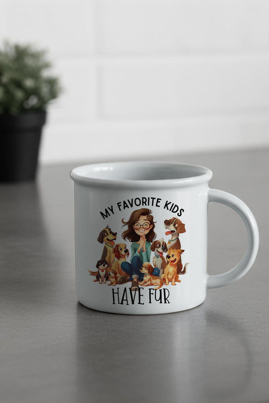 My Favorite Kids Have Fur Baskılı Enamel Görünümlü Seramik Vintage Kupa Bardak