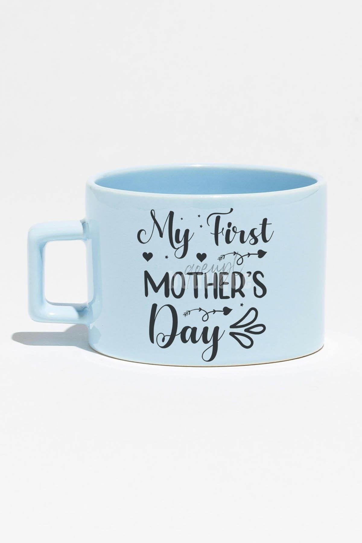My First Mother's Day Baskılı Anneler Günü Hediyelik Mavi Dikdörtgen Kulplu Fincan Kupa Bardak